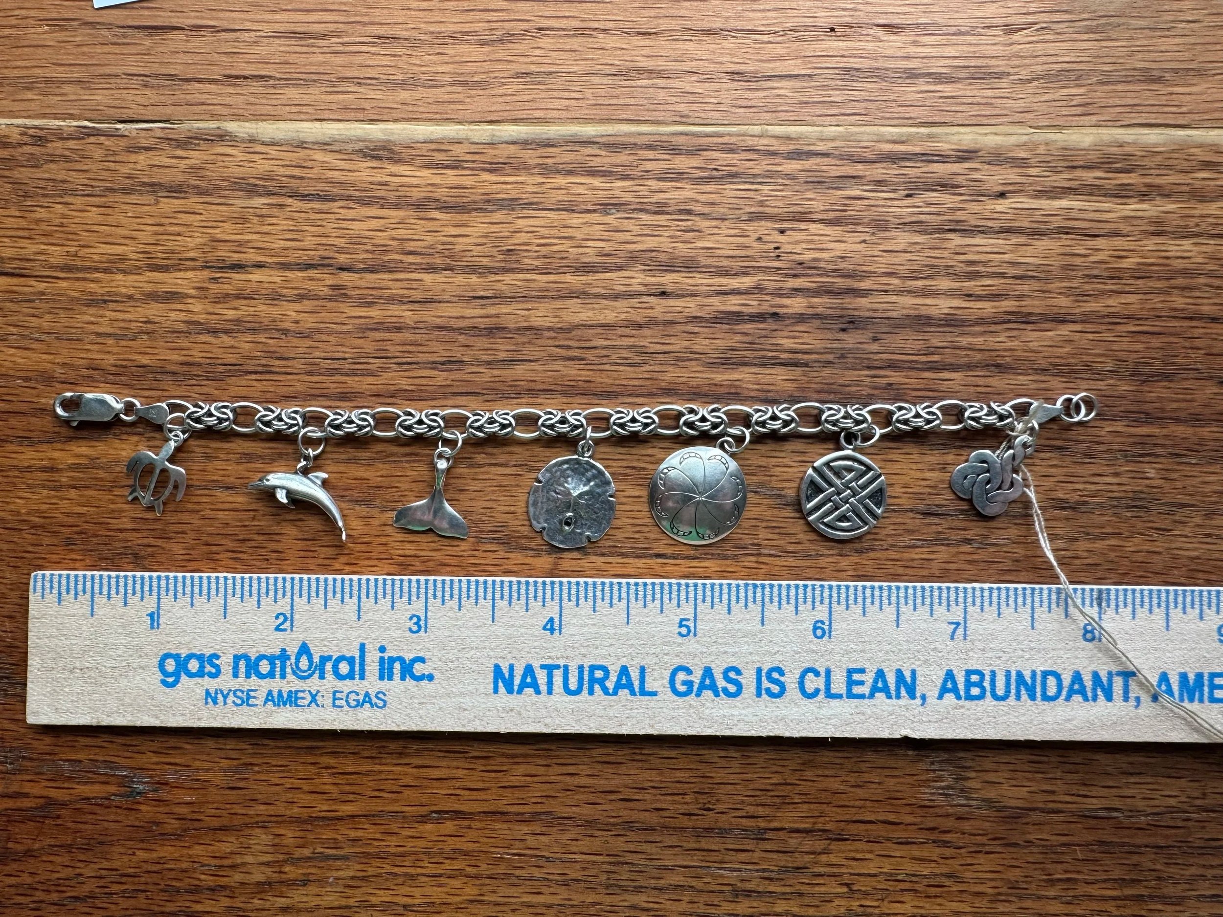 Sterling Silver Charm Bracelet with Dolphins, Sanddollar, Whale Tale and Sea Turtle