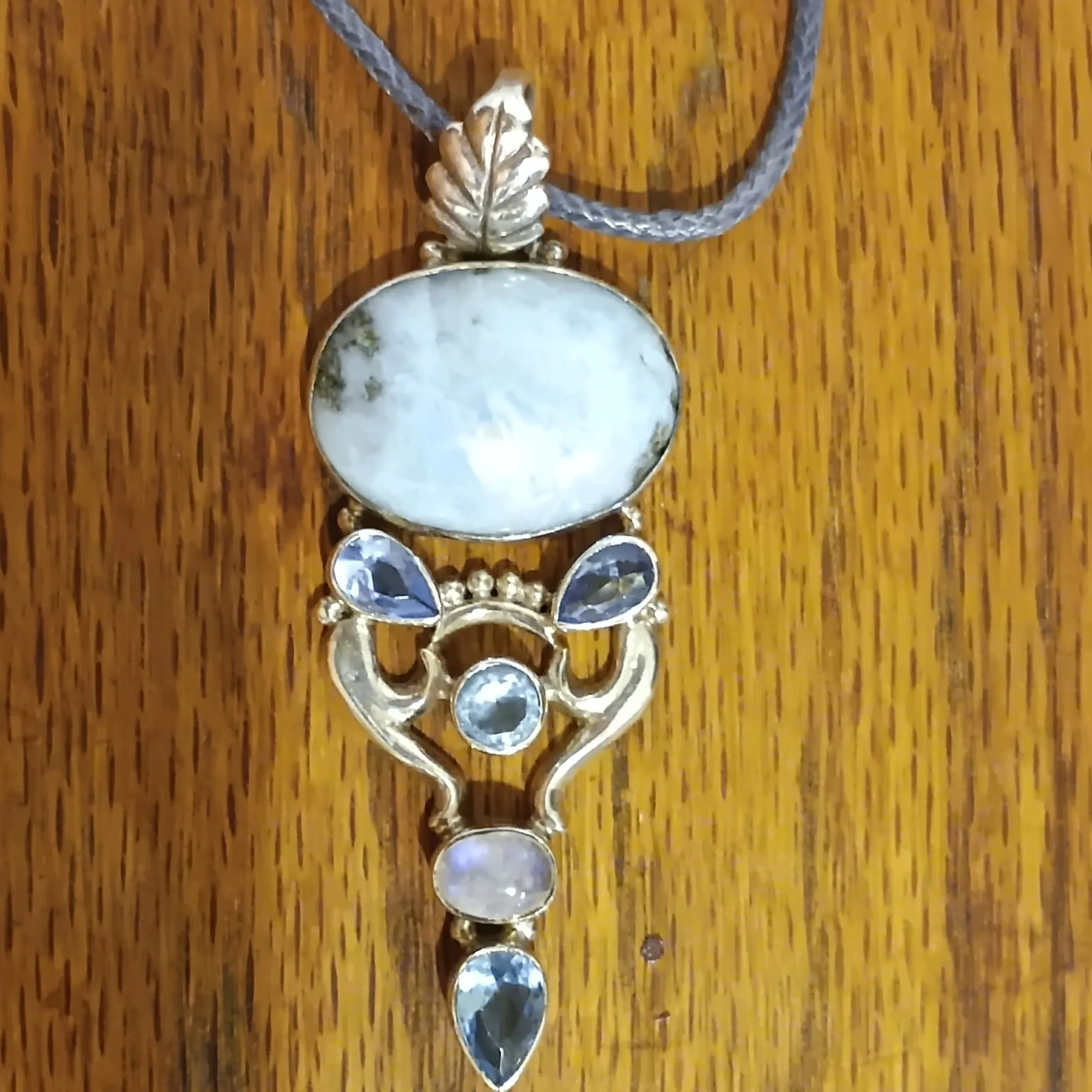925 Sterling Silver, Larimar, Moonstone, and Blue Topaz Pendant