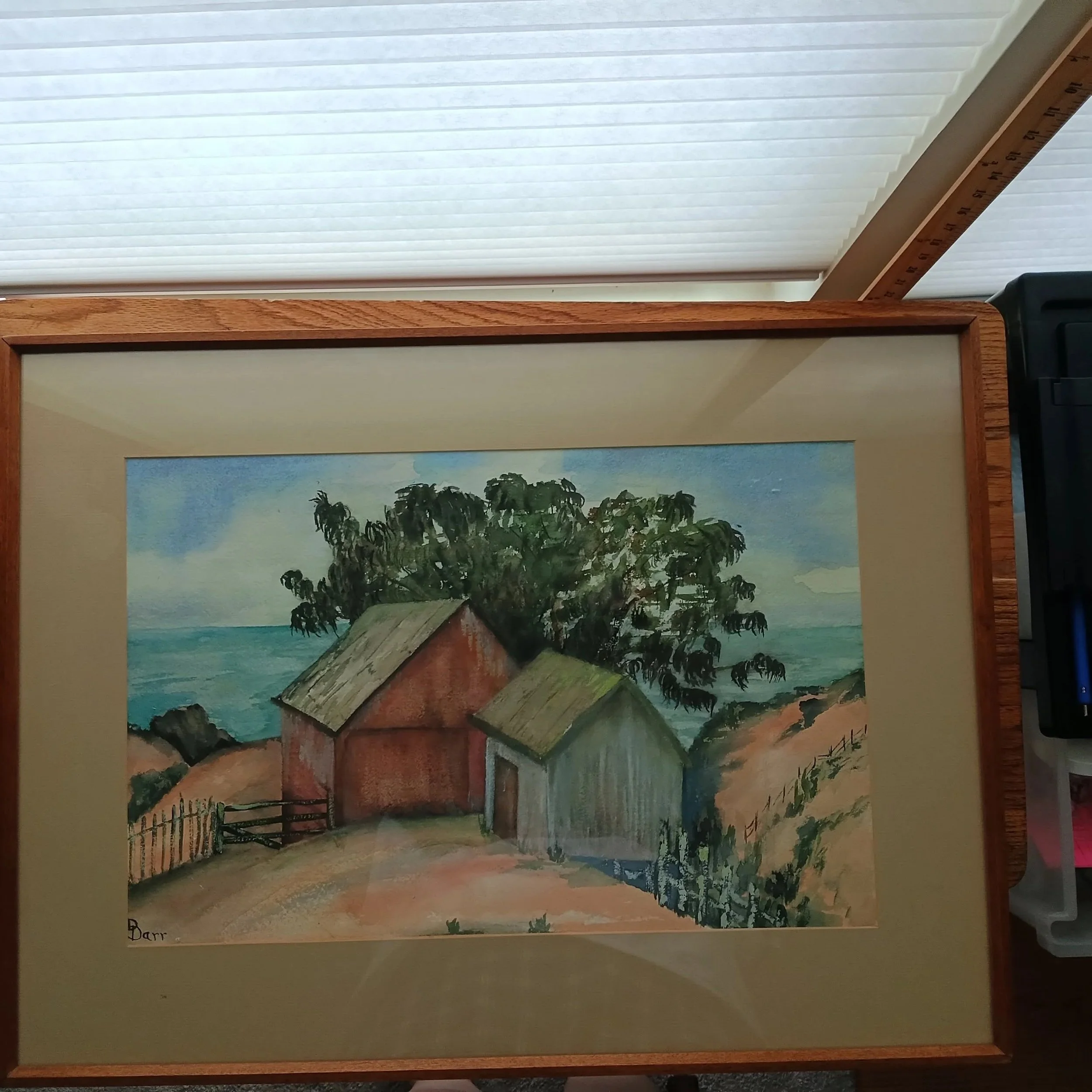 Mid-Century Teak Framed Barr Watercolor Farmhouse Landscape