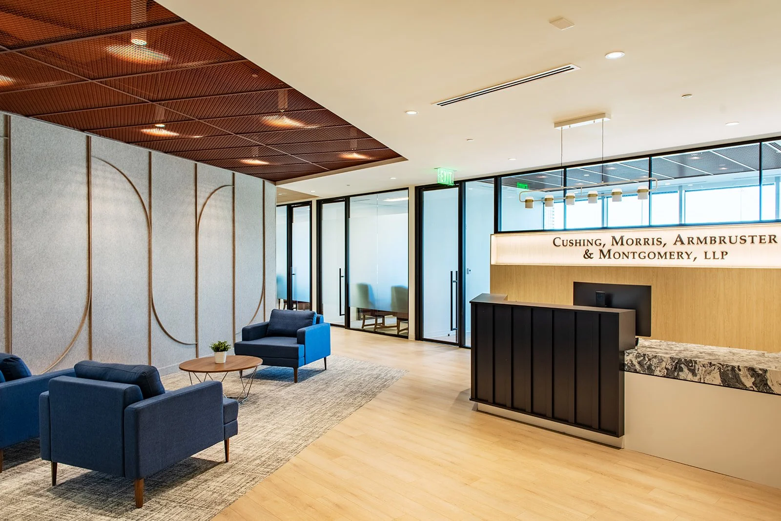 Interior office view with reception desk on the right