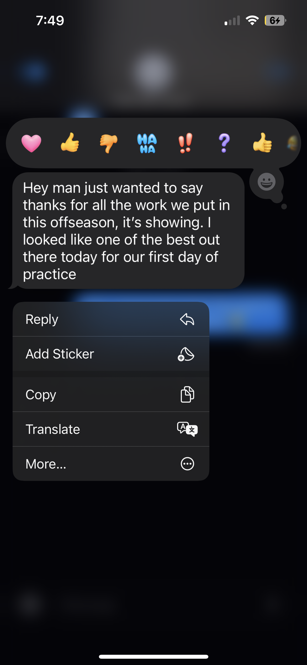 Screenshot of a text message conversation with a message thanking someone for their work during the offseason and mentioning that it looks good on the first day of practice.