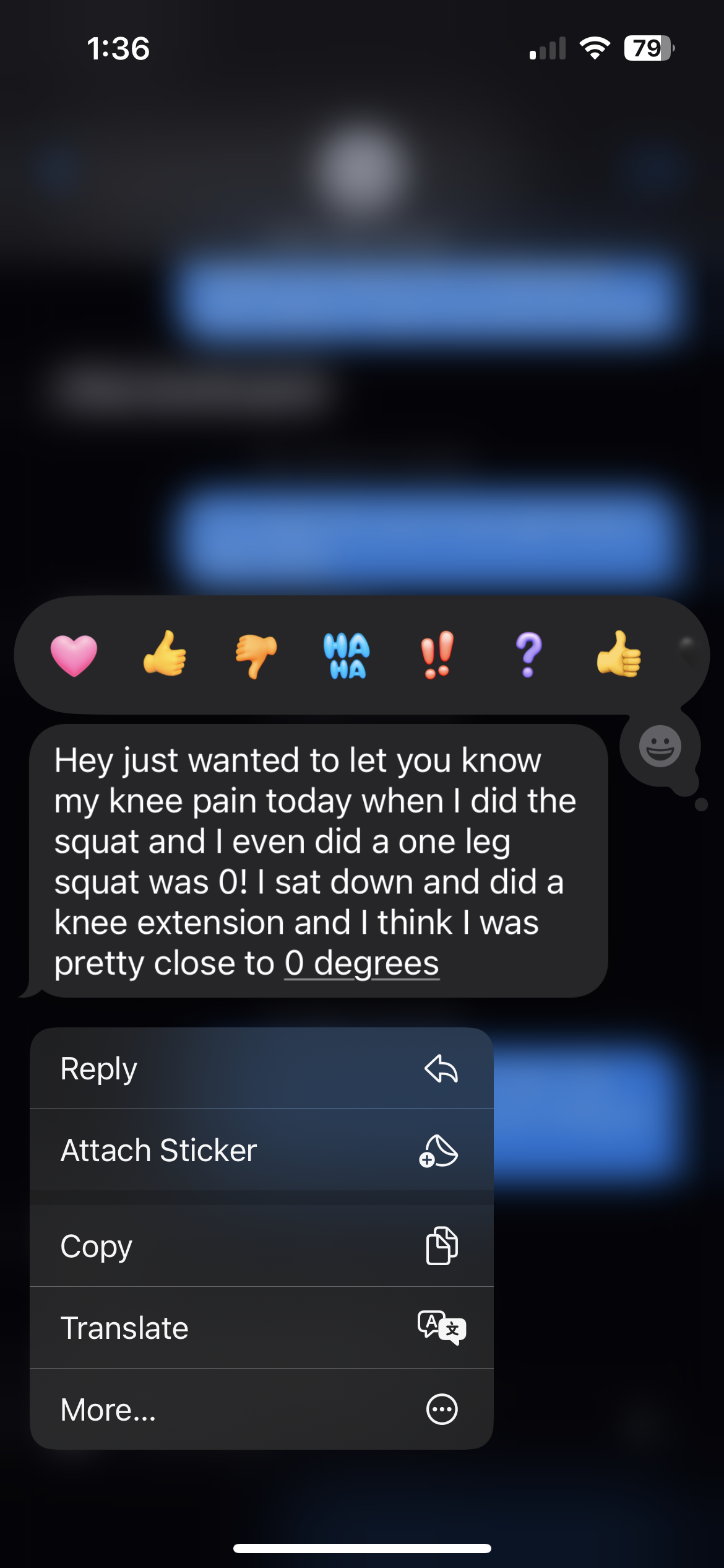 Screenshot of a messaging app with a chat bubble containing a message about knee pain and squats. The message is edited with a hyperlink to '0 degrees' and a options menu showing Reply, Attach Sticker, Copy, and Translate.