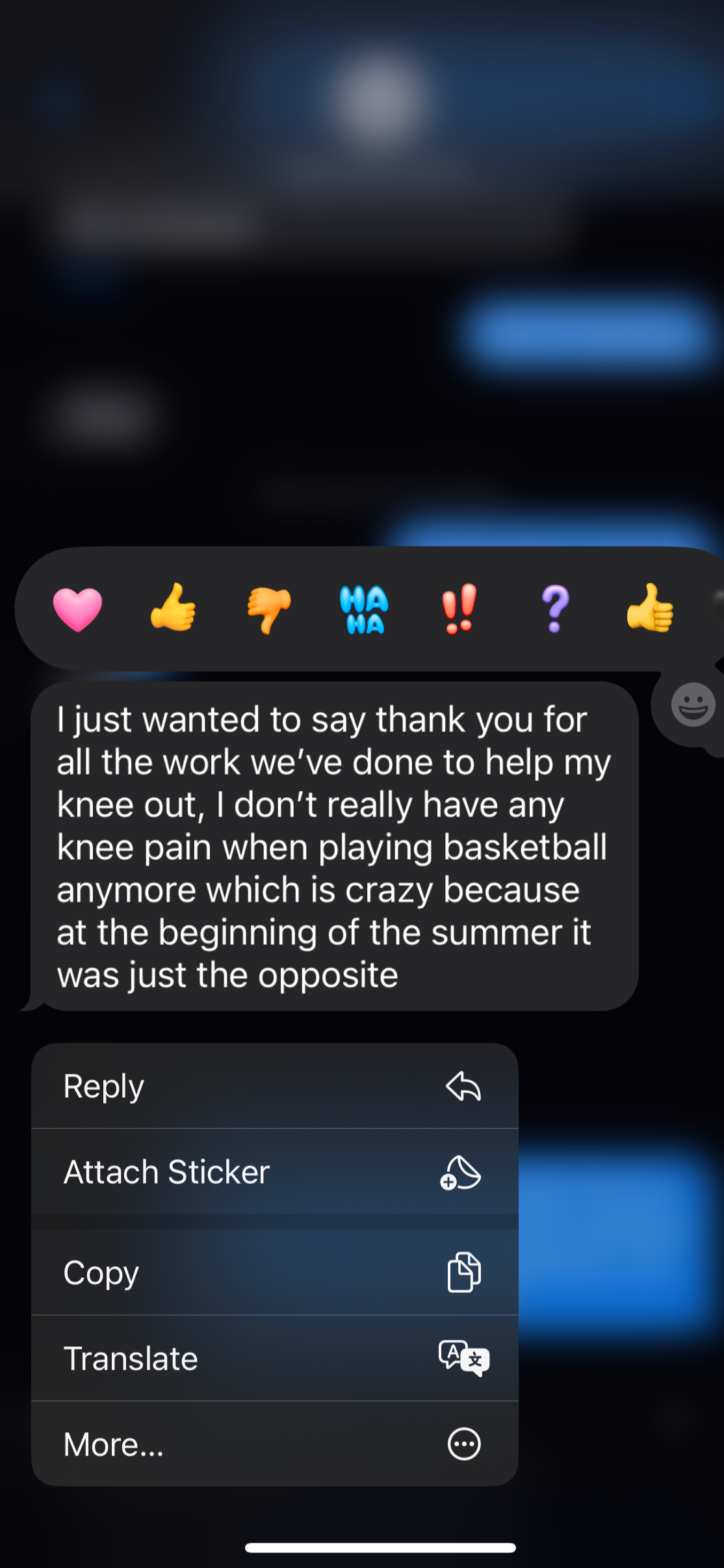 A screenshot of a mobile phone message conversation showing a thank you note for help with knee pain, with options to reply, attach sticker, copy, translate, and more.