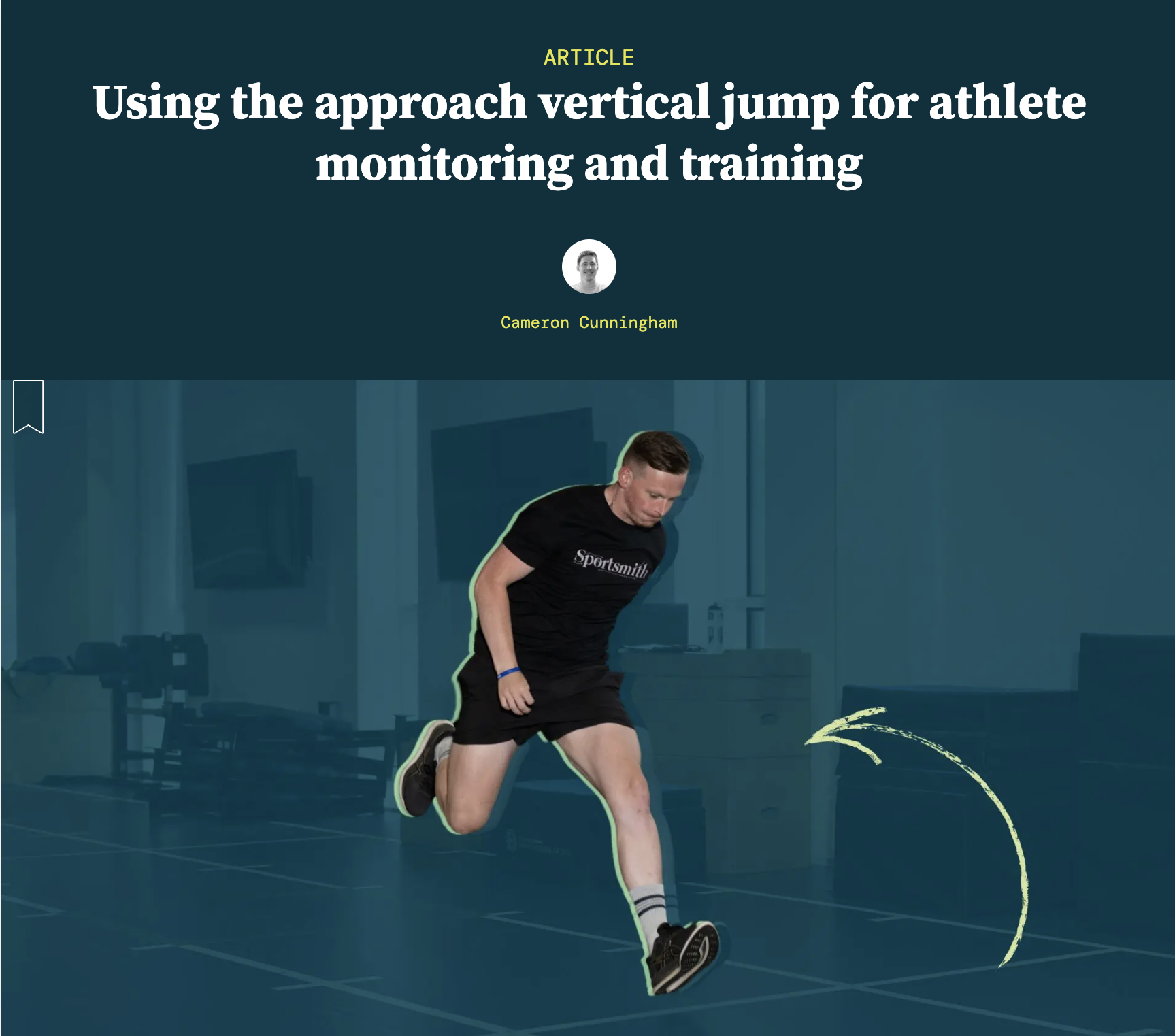A man wearing a black t-shirt and shorts is performing a vertical jump with a drawn arrow indicating the jump's direction, in a gym with equipment and television screens in the background, illustrating an article about athlete monitoring and training.