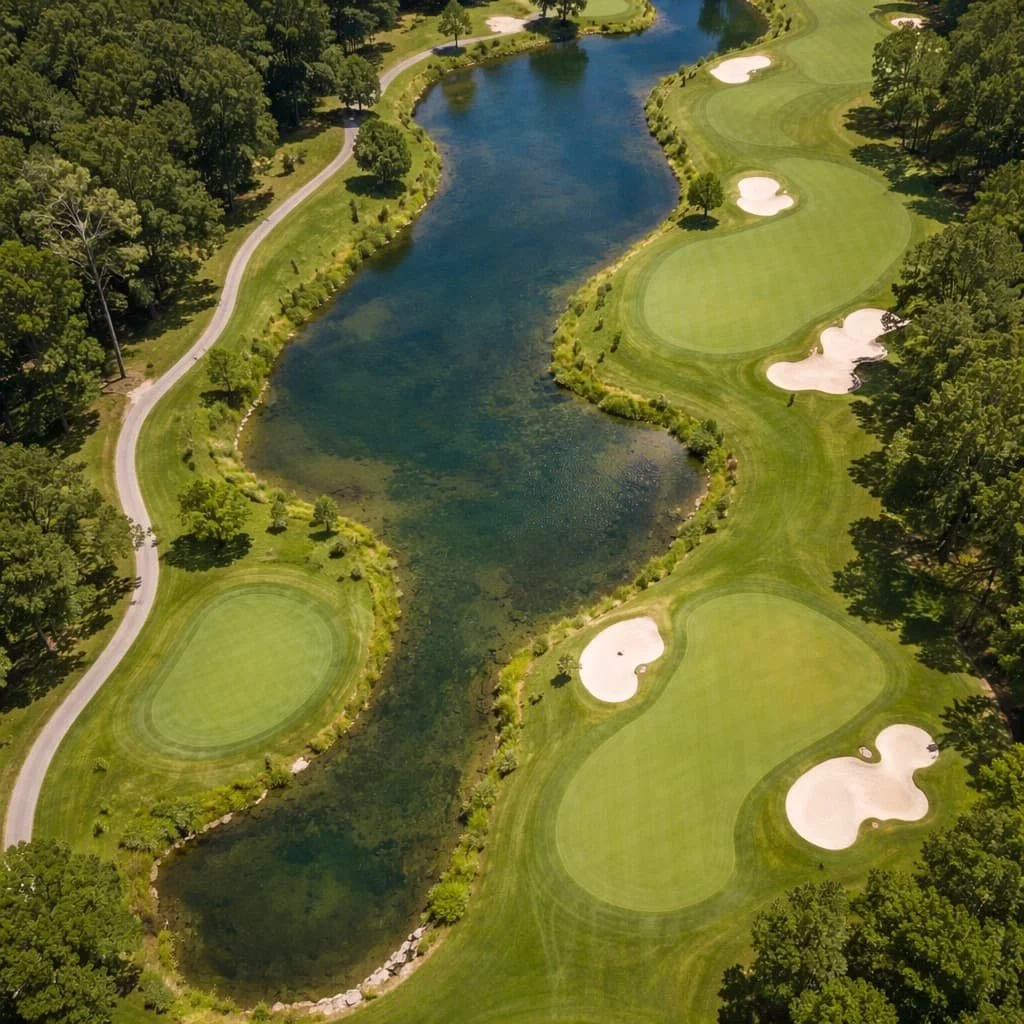 Aerial view of a golf course with water hazards, sand bunkers, and green fairways surrounded by trees.