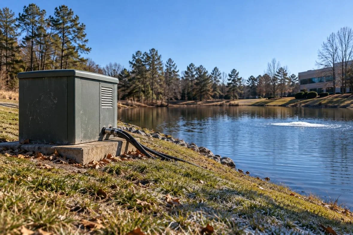 Pond aeration compressor cabinet on a concrete pad above a North Carolina pond with airline running to the water