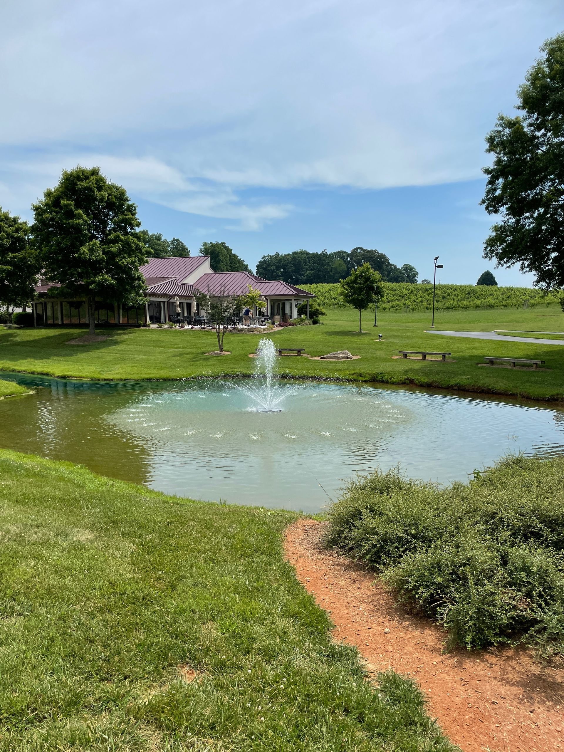 A small pond with a fountain in a park, surrounded by green grass, trees, and a building with a purple roof in the background.