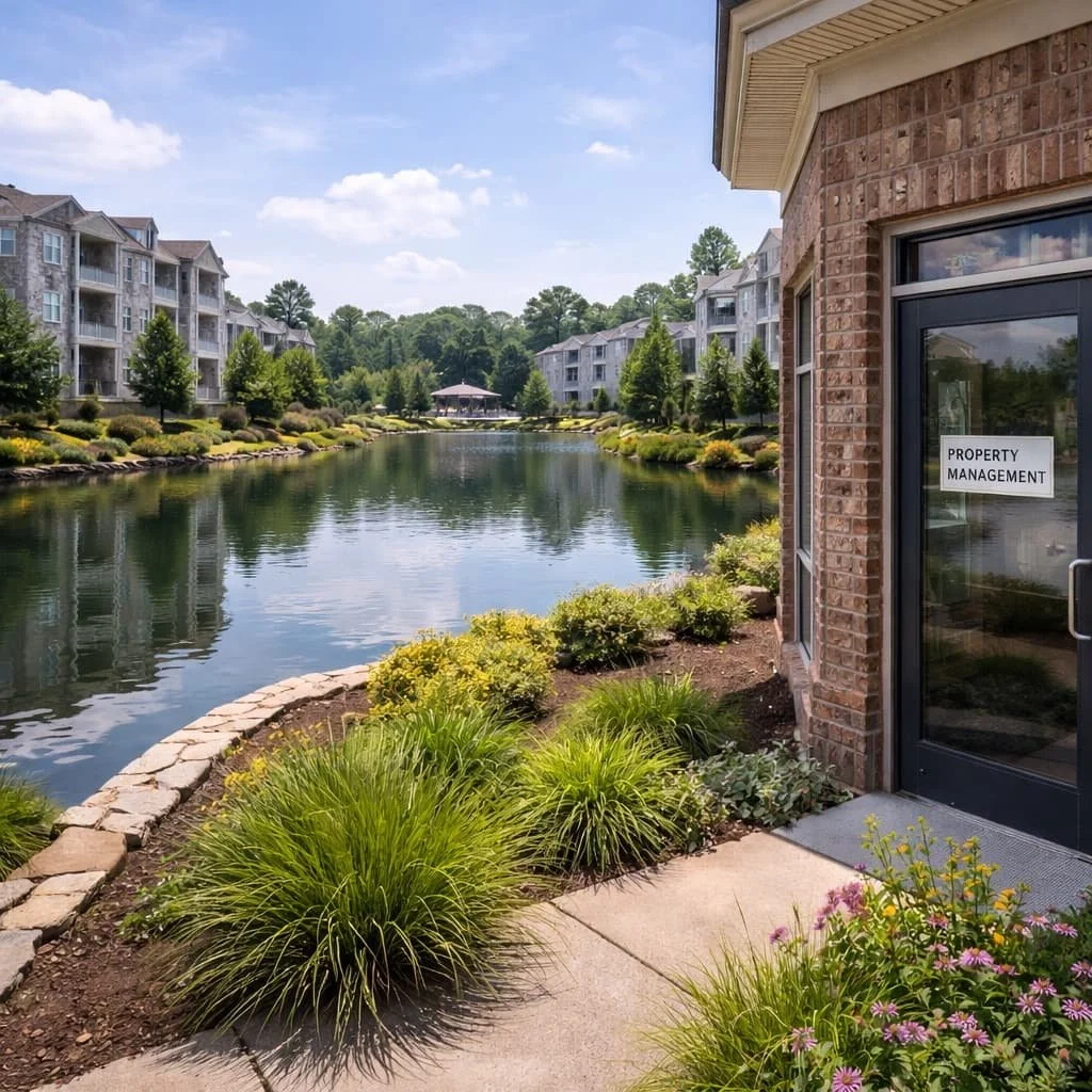 A residential complex with a lake, surrounded by manicured bushes and trees, with apartment buildings in the background. There is a sign on a door that reads 'Property Management'.