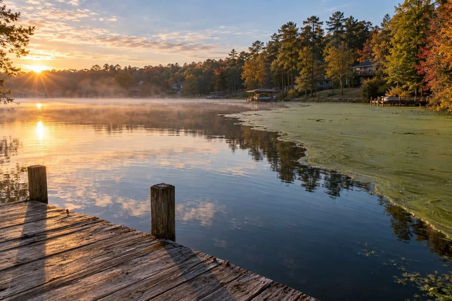 HOA lake in North Carolina with clear water near the dock and an algae bloom in the far cove