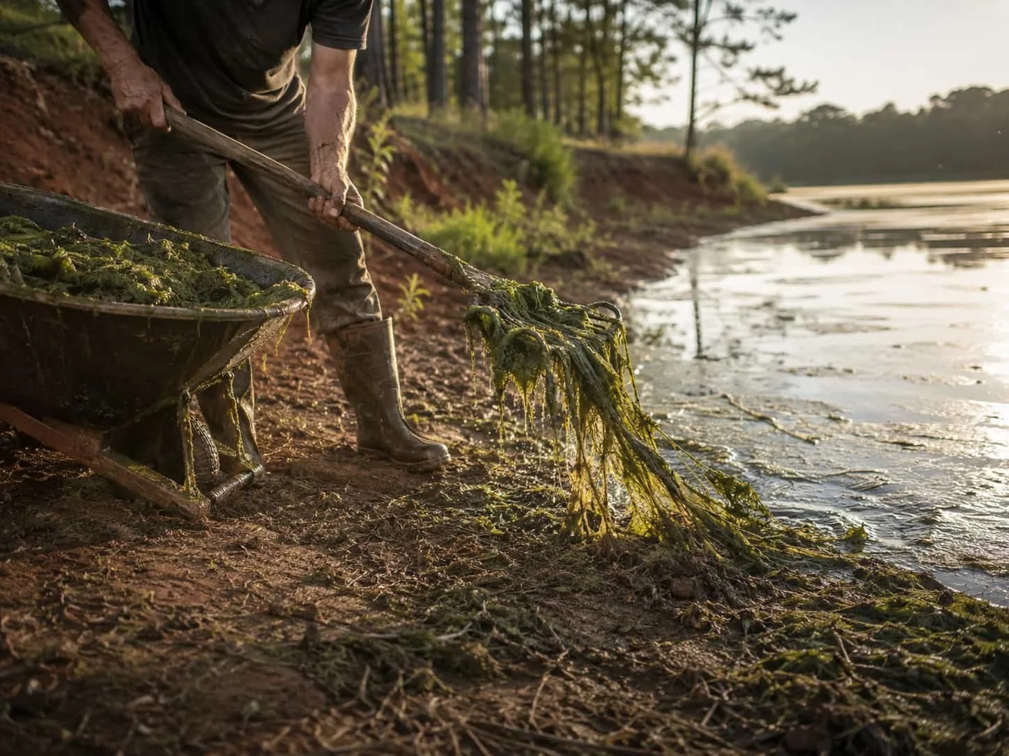 Raking a mat of filamentous algae out of a North Carolina pond into a wheelbarrow.
