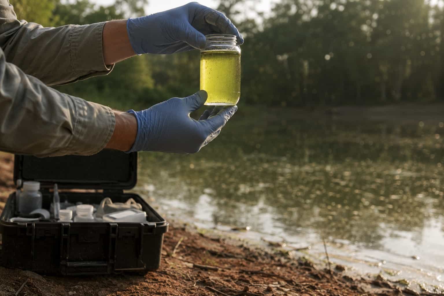 Gloved hands drawing a jar of green pond water for identification before treatment.