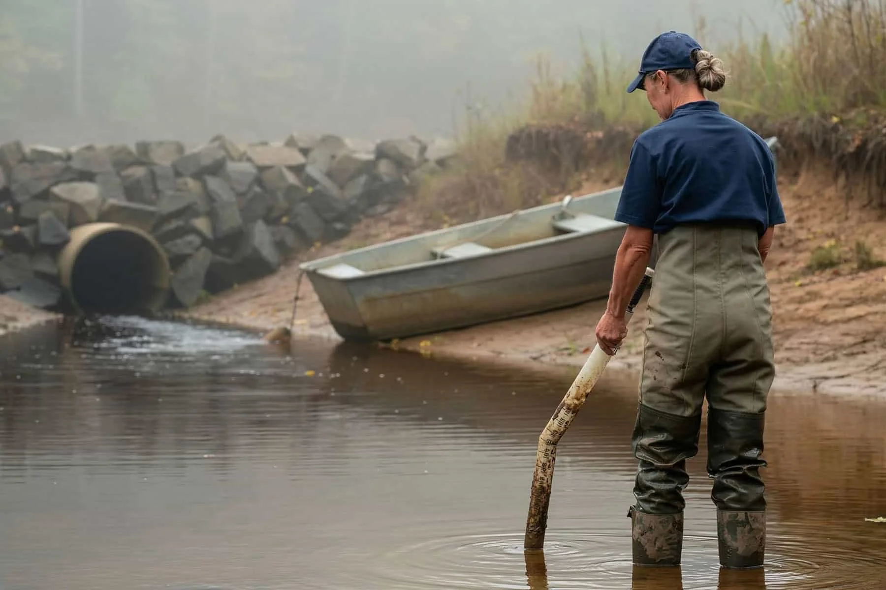 Technician measuring sediment depth in the forebay of a North Carolina stormwater wet pond