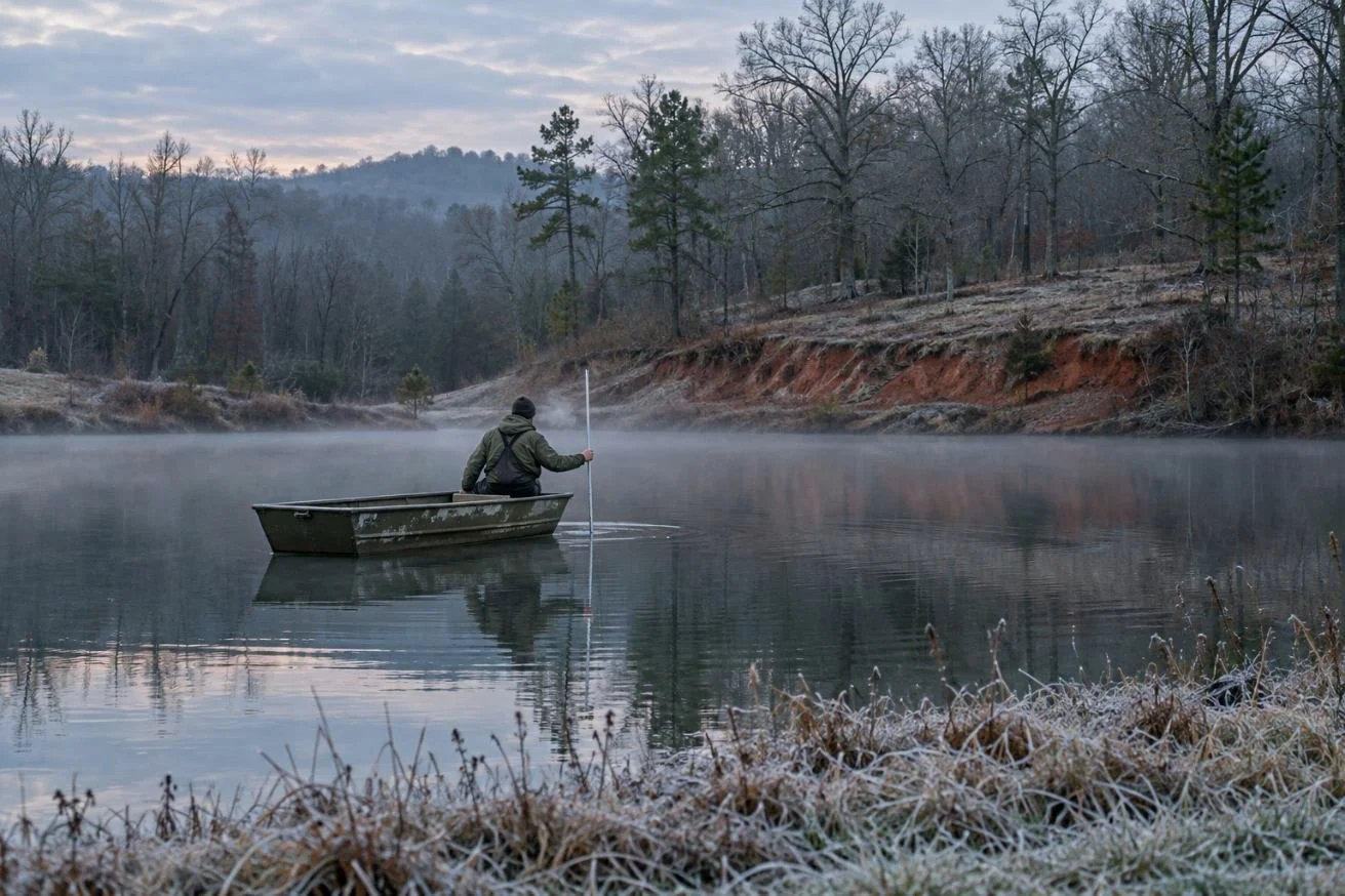 Pond technician in a jon boat lowering a marked sounding pole to measure depth before sizing an aeration system