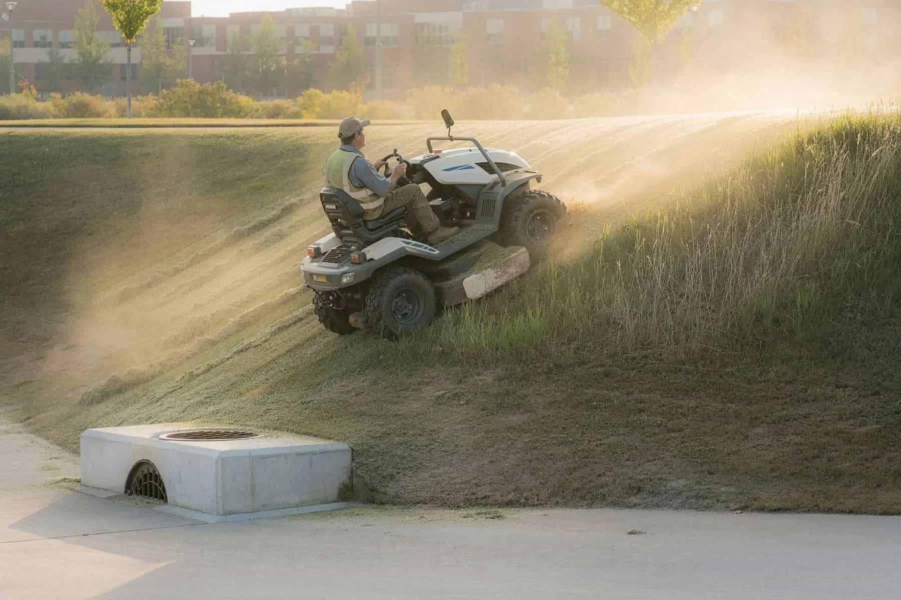Mower cutting the side slope of a dry detention basin behind a commercial property in North Carolina