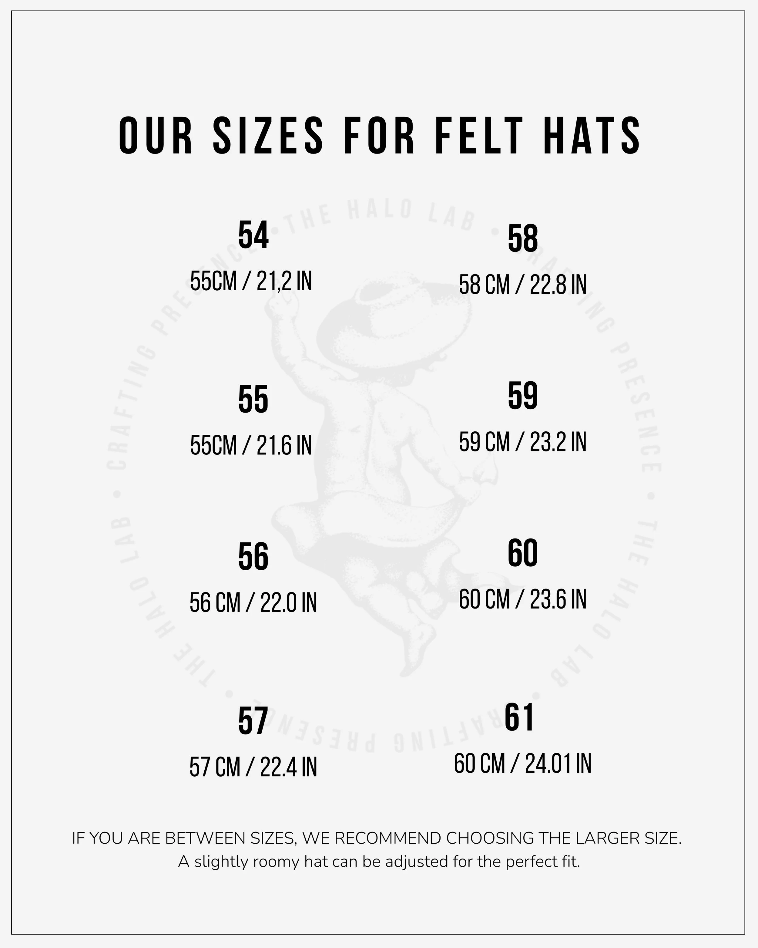 Chart showing hat size recommendations ranging from 54 to 61 centimeters with corresponding inches, and a note suggesting choosing the larger size if between sizes.
