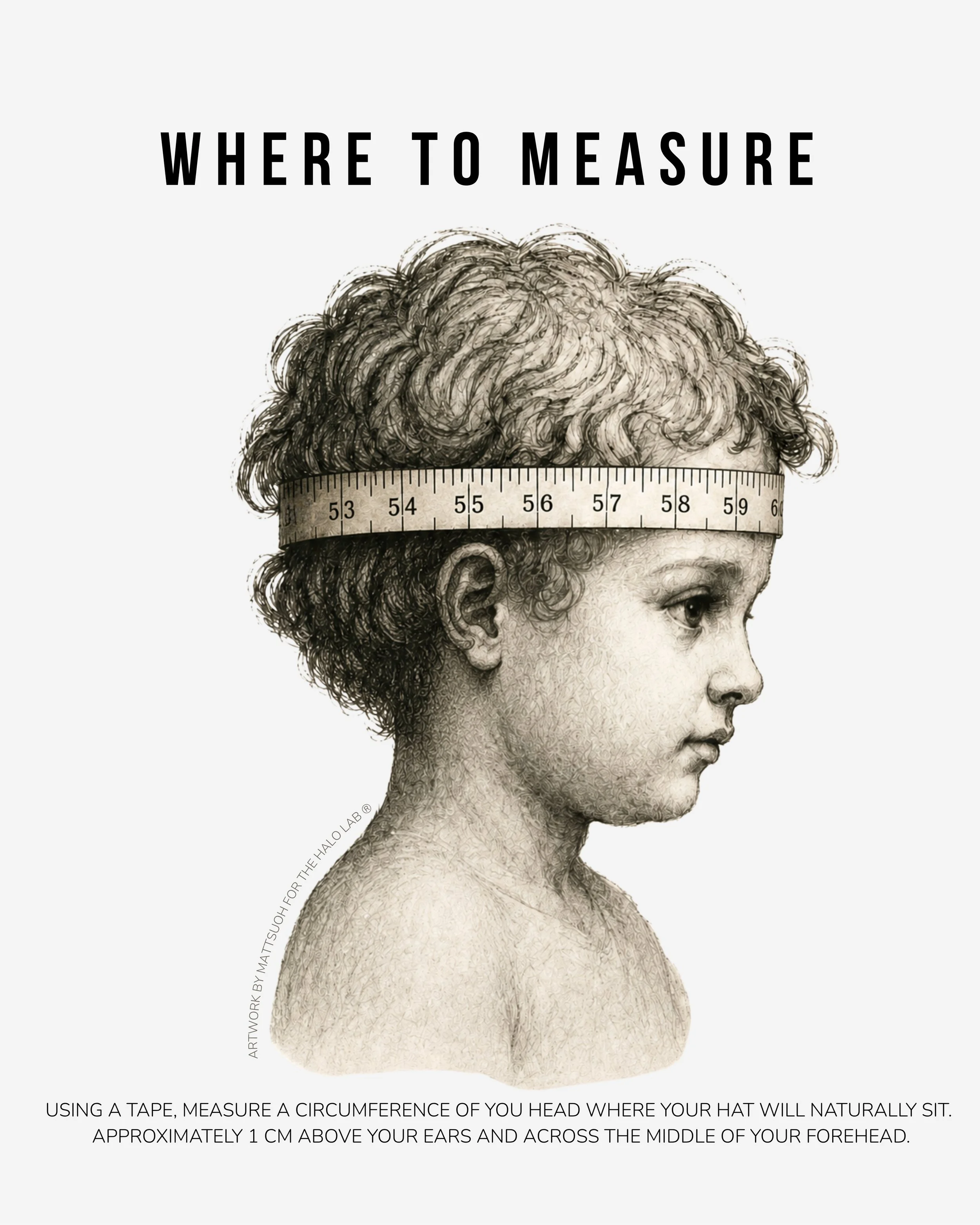 Instructions on how to measure head circumference using a tape measure, placed about 1 cm above the ears and across the middle of the forehead, with a graphic of a person's head and a measuring tape positioned around the head.