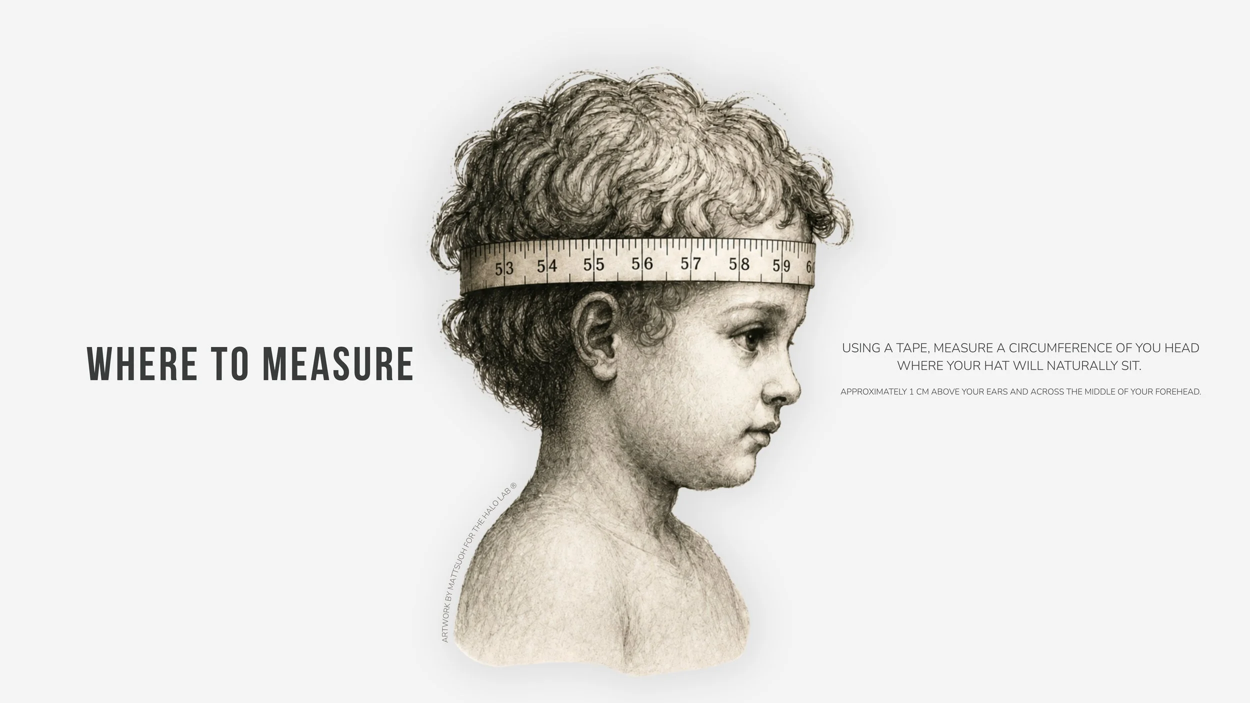 Illustration of a child with curly hair, wearing a measuring tape around their head, demonstrating how to measure head circumference for a hat, with instructions on the right side of the image.