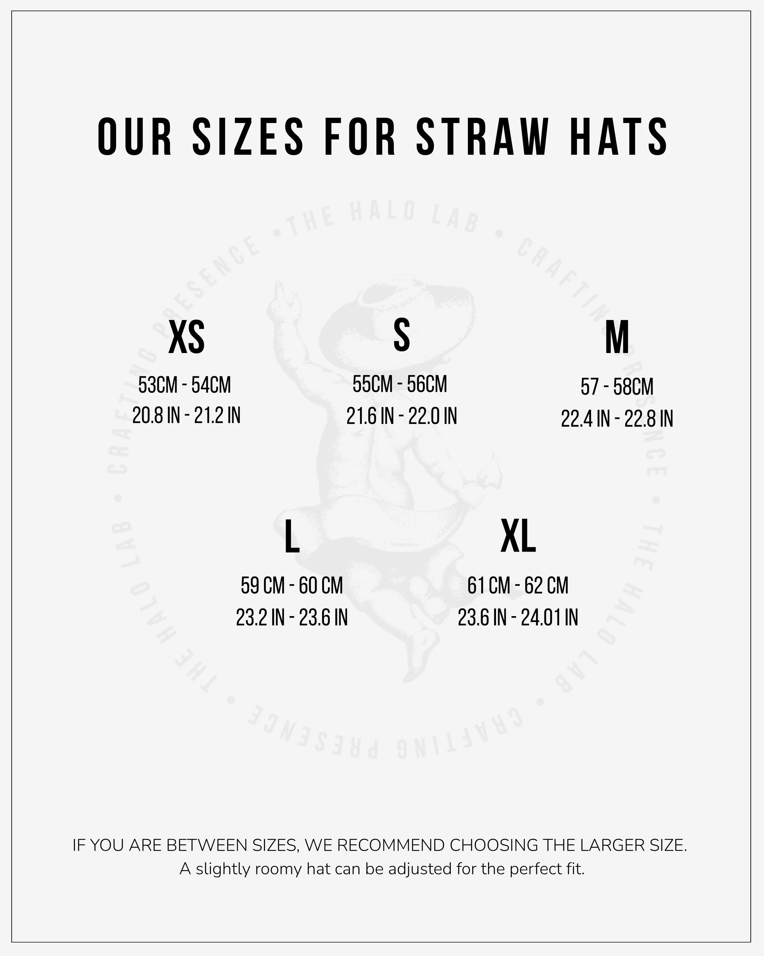 Guide to choosing straw hat sizes, displaying size options XS, S, M, L, XL with measurements in centimeters and inches. Note recommends selecting the larger size if between sizes.