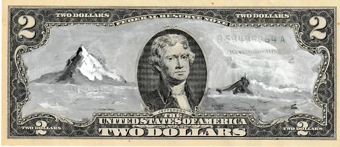 Winter Mountain Landscape on Two-Dollar Bill by Jury The Clown