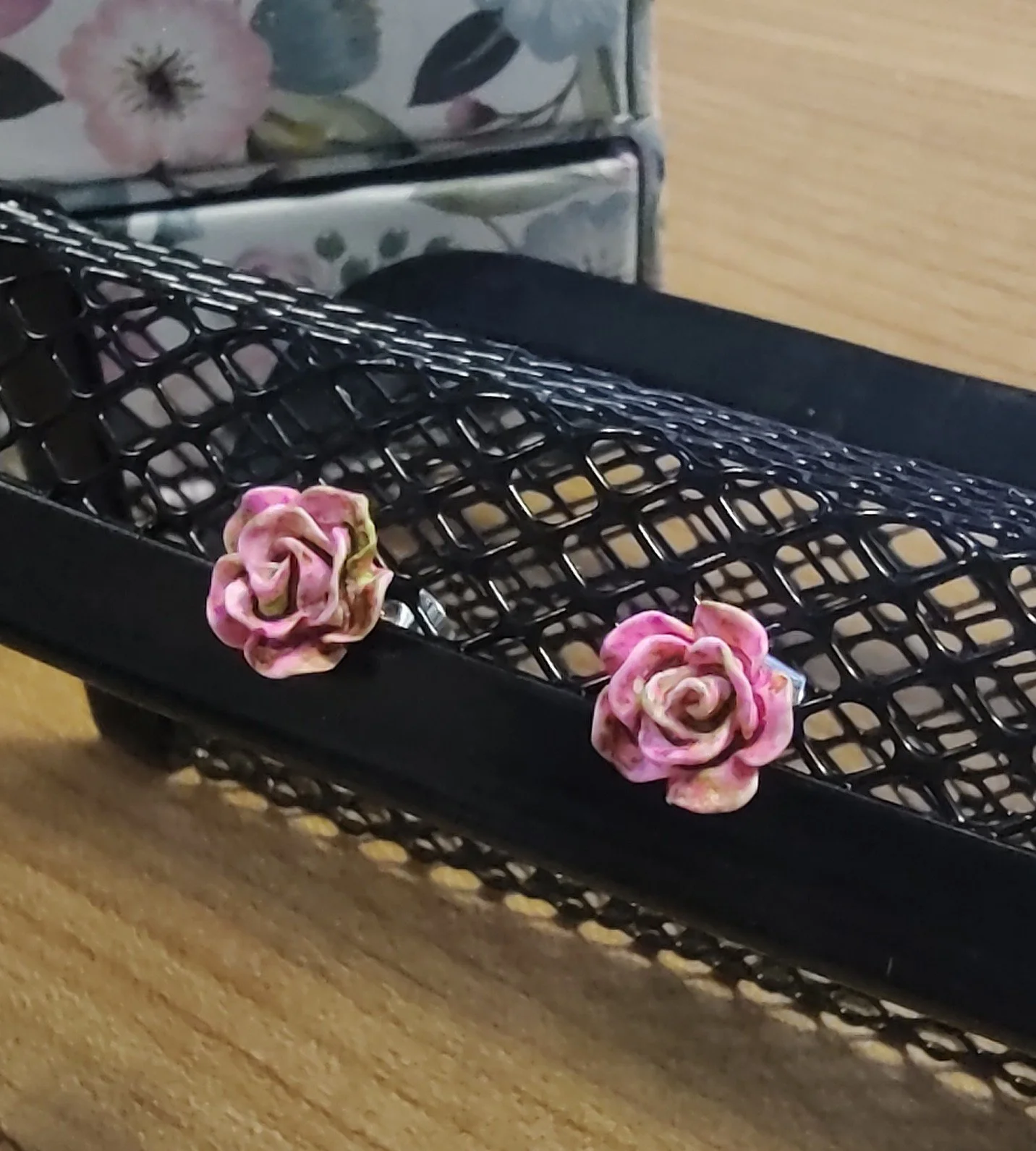 8mm Pink and Green Resin Flower Stainless Steel Earrings