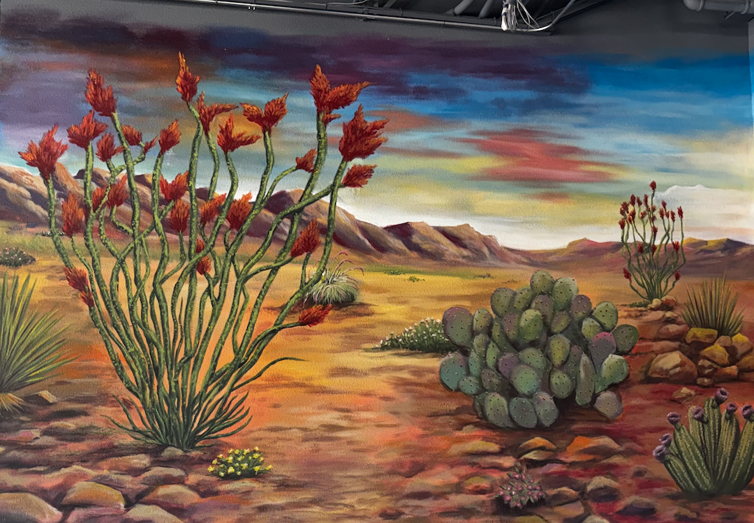 Desert landscape with cacti, rocks, and mountains under a colorful sky