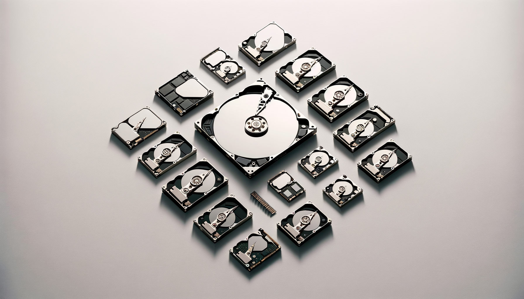 Arrangement of multiple computer hard drives on a plain light gray surface.