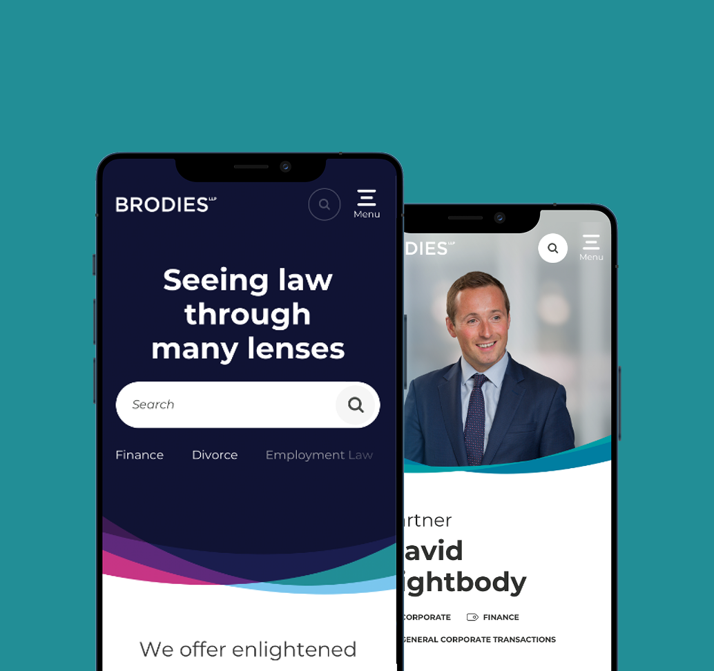 Two smartphones displaying legal service websites against a teal background.