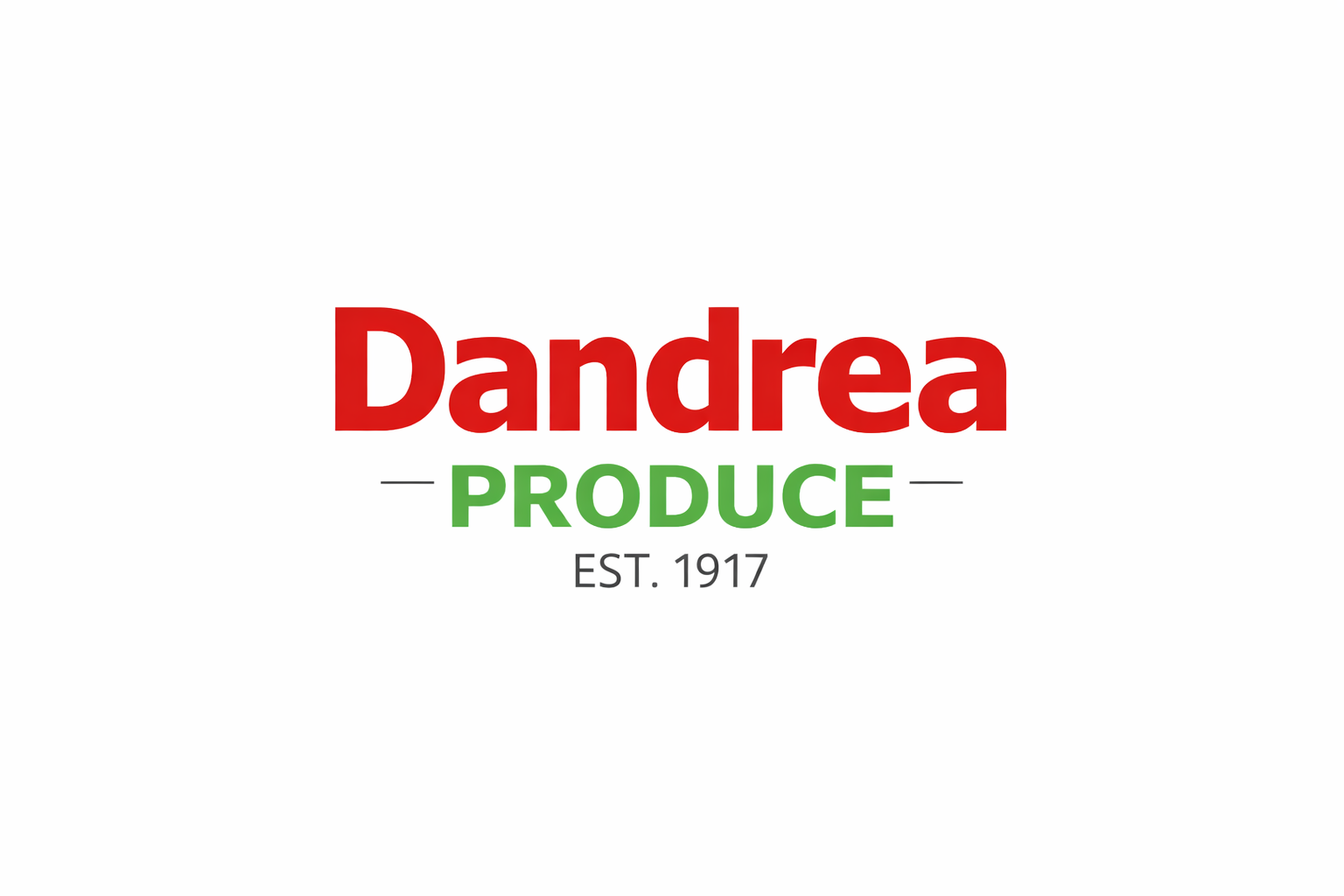 Logo for Dandrea Produce with red and green text stating 'Dandrea Produce Est. 1917' on a white background.