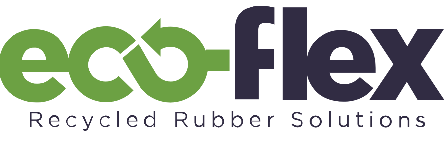 EcoFlex logo with green recycling symbol integrated into the letter 'e', and the words 'Recycled Rubber Solutions' underneath.