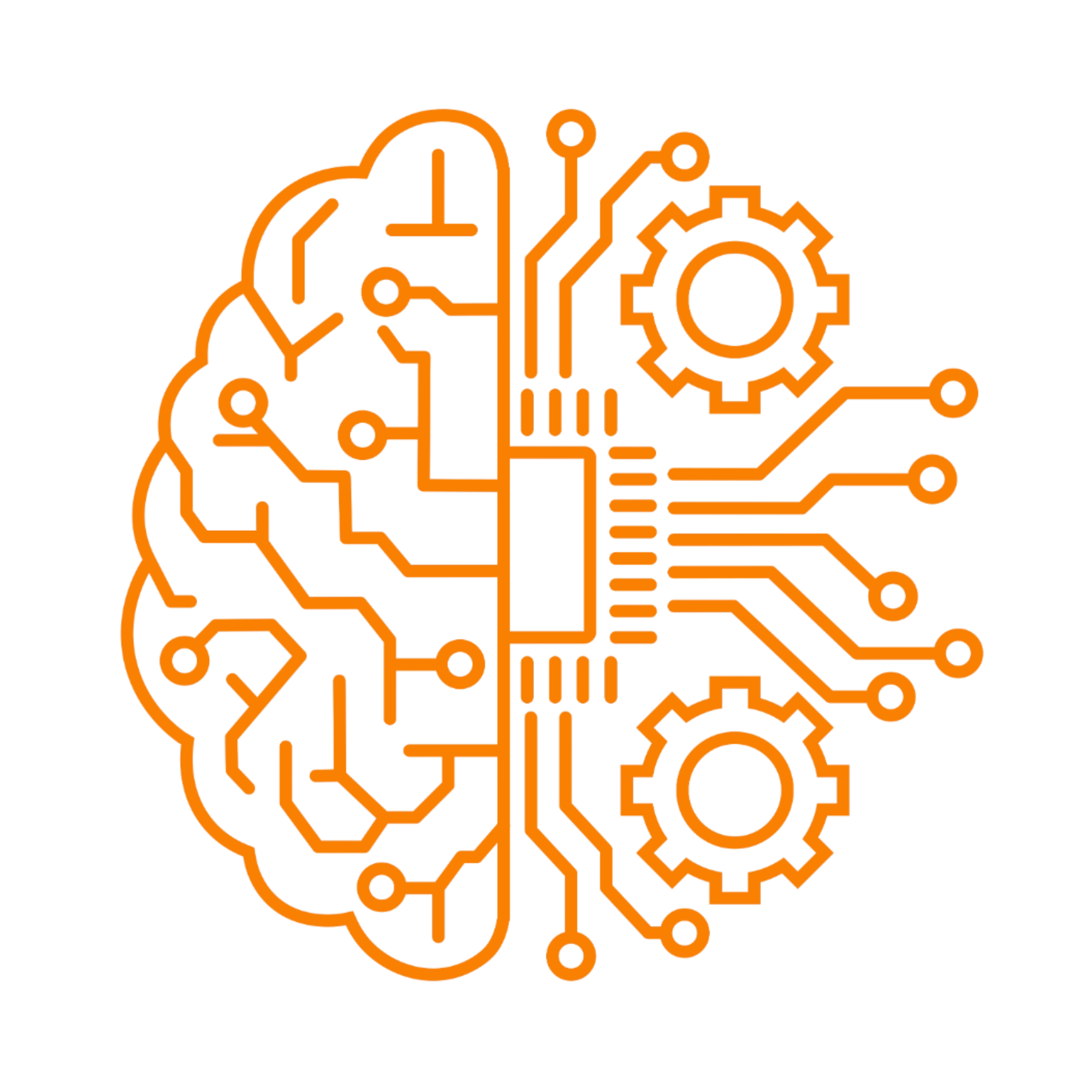 Outline of a human head with gears and circuitry representing artificial intelligence and machine learning.