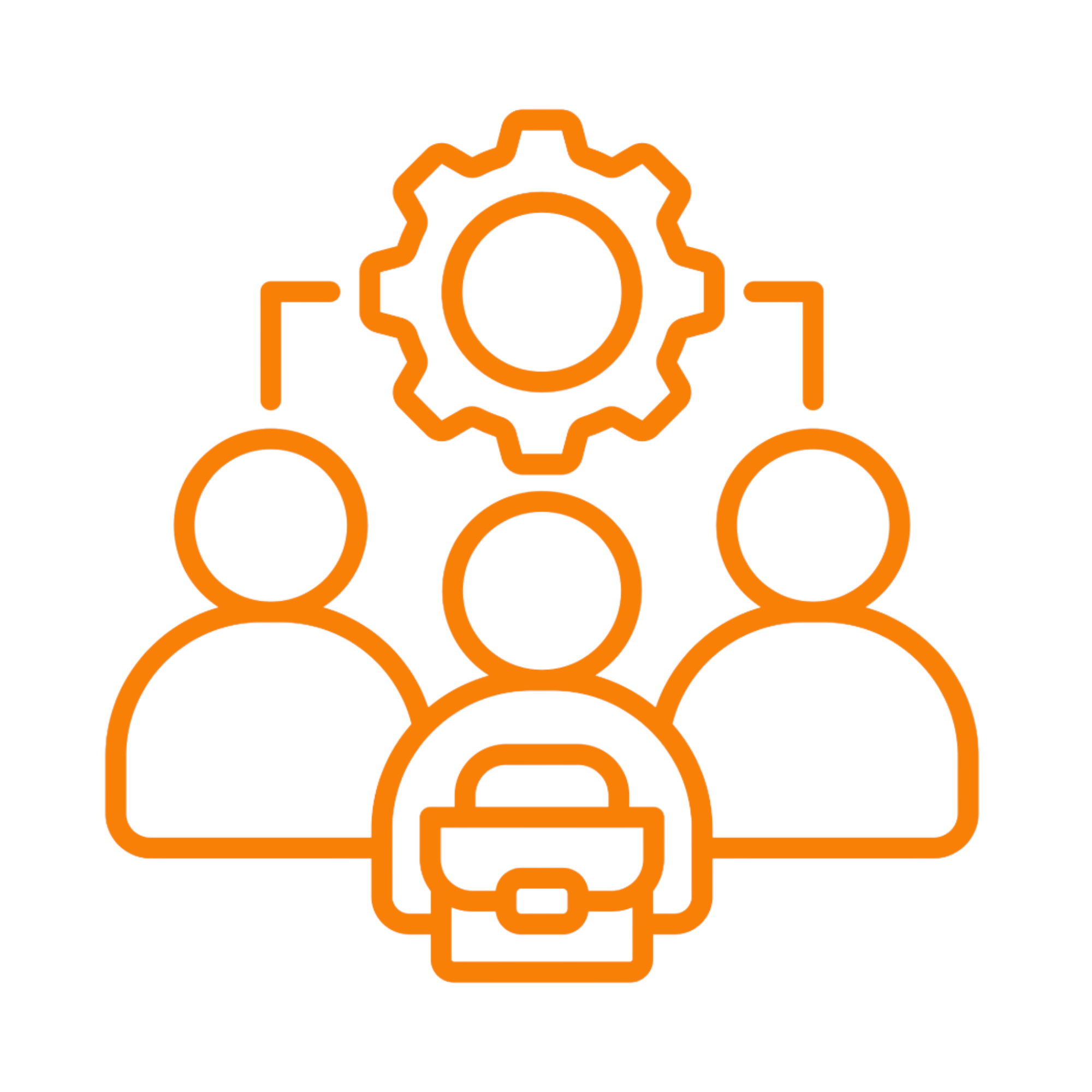 Orange outline gear and person icons with a process or settings symbol among them, indicating teamwork or system management.