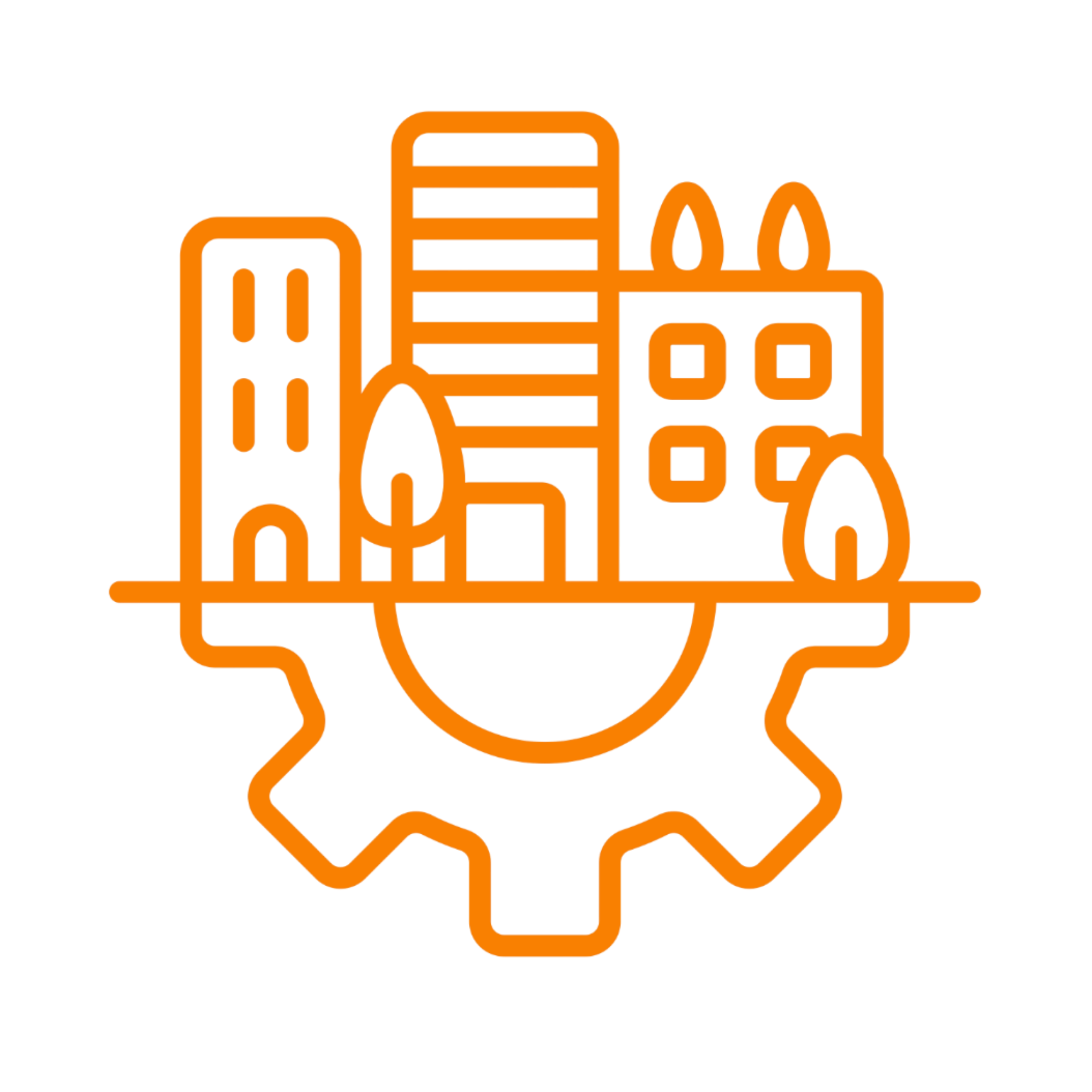 Outline illustration of a person holding a shopping cart filled with various grocery items, with a cityscape background.
