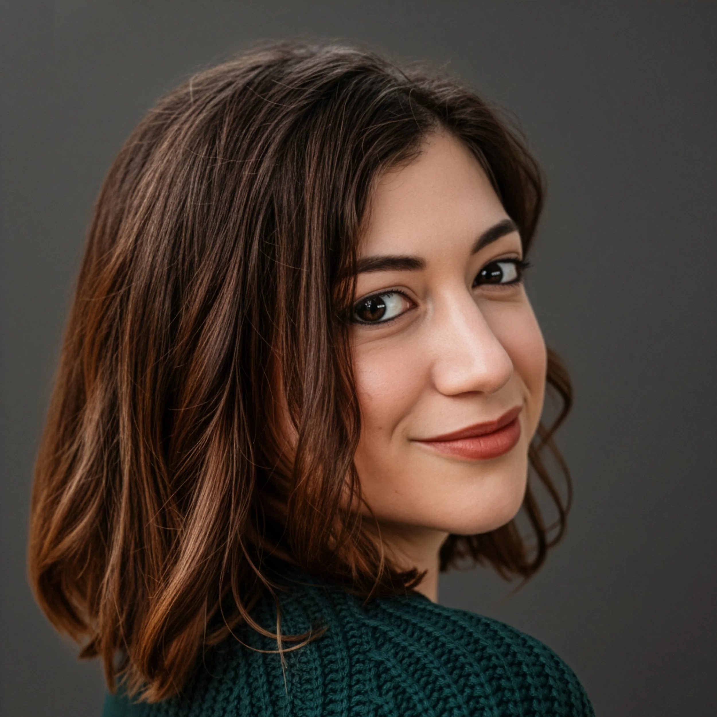 A young woman with shoulder-length brown hair and light skin, smiling, facing slightly to the side outdoors during daytime, wearing a dark knitted sweater.