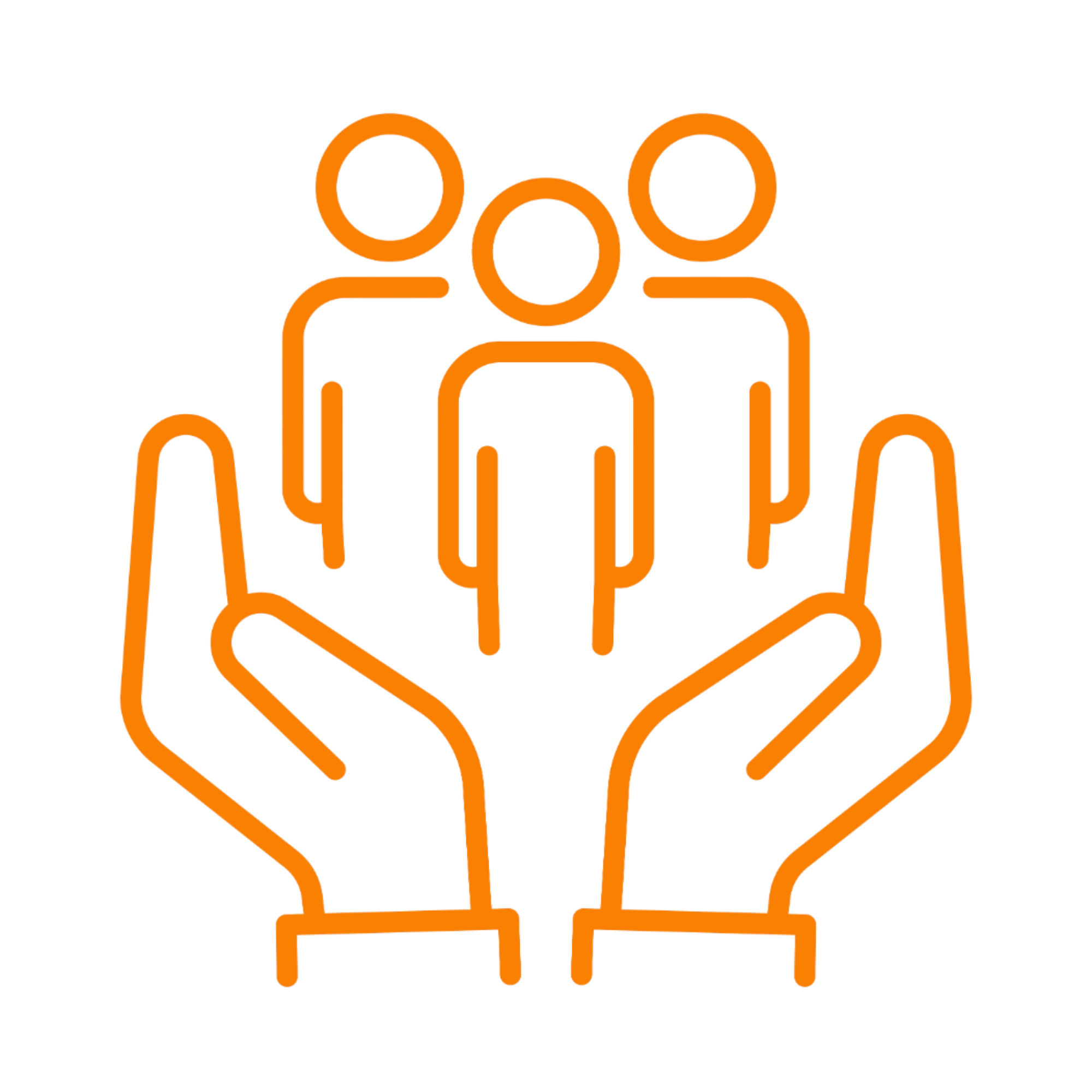 Outline of three people with hands joined in the center, representing teamwork or collaboration.