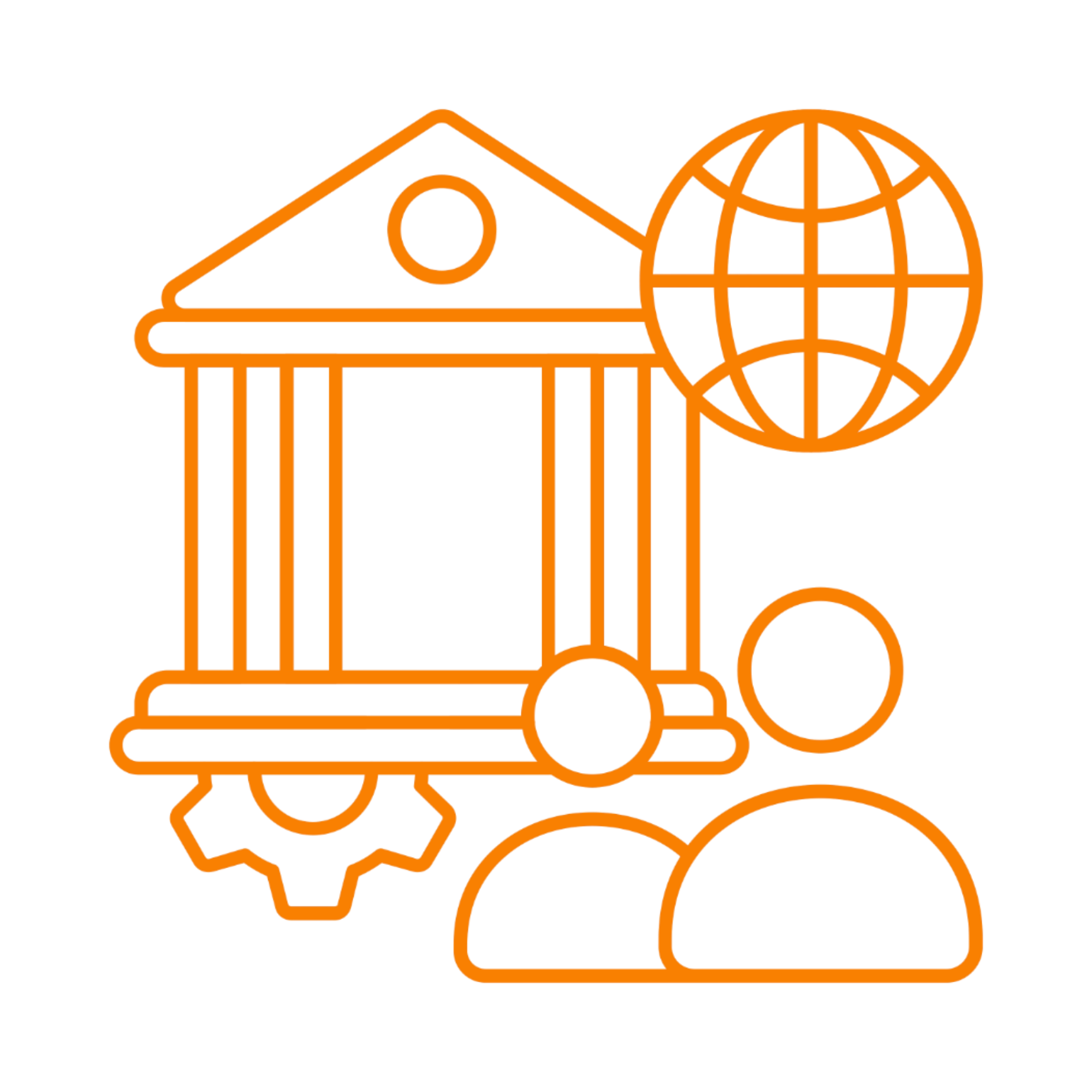 Orange outline icon of a building with a triangular roof, a circle window, and a step foundation, next to a globe with latitude and longitude lines, and gears.
