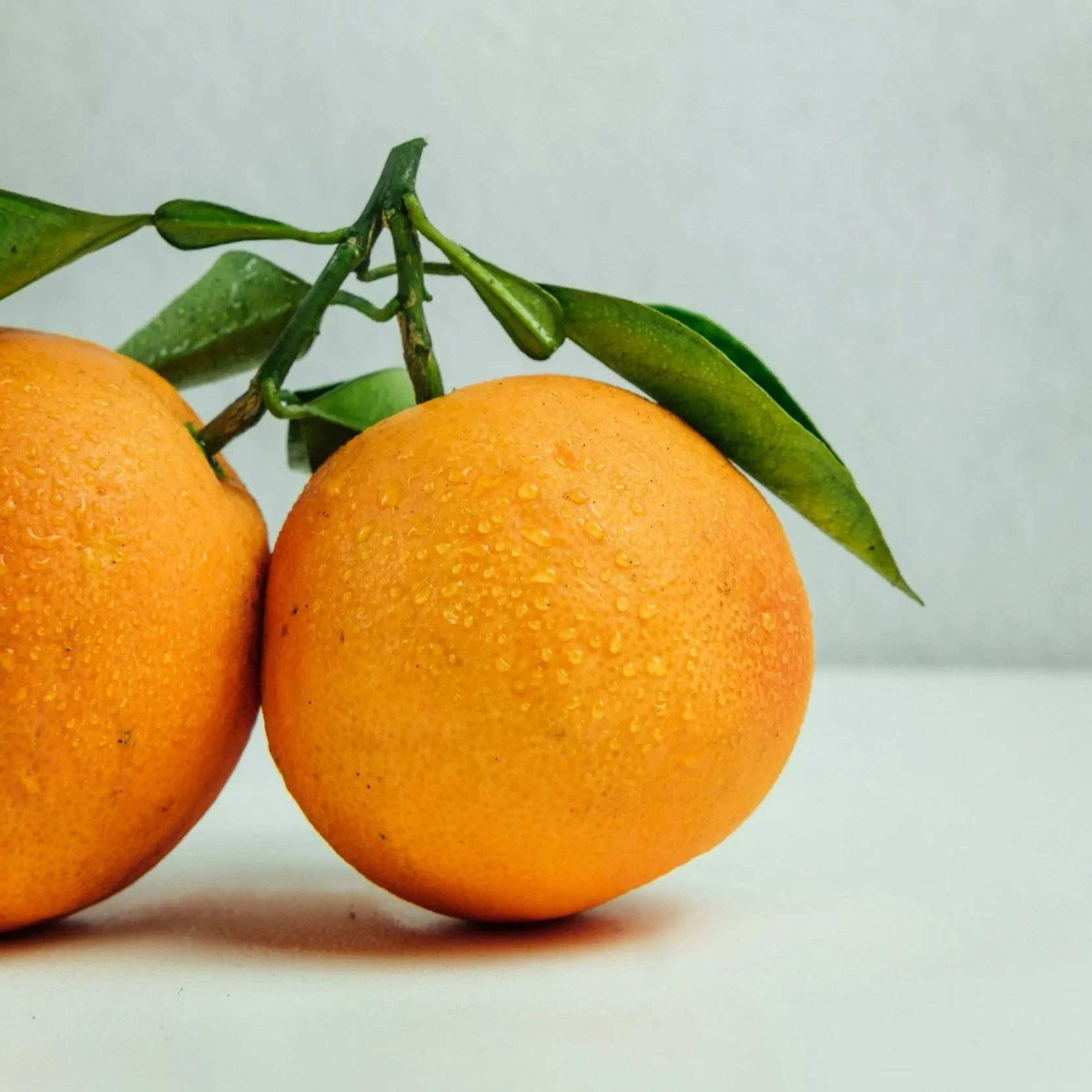 Close-up of two ripe oranges with green leaves attached, against a plain light background.