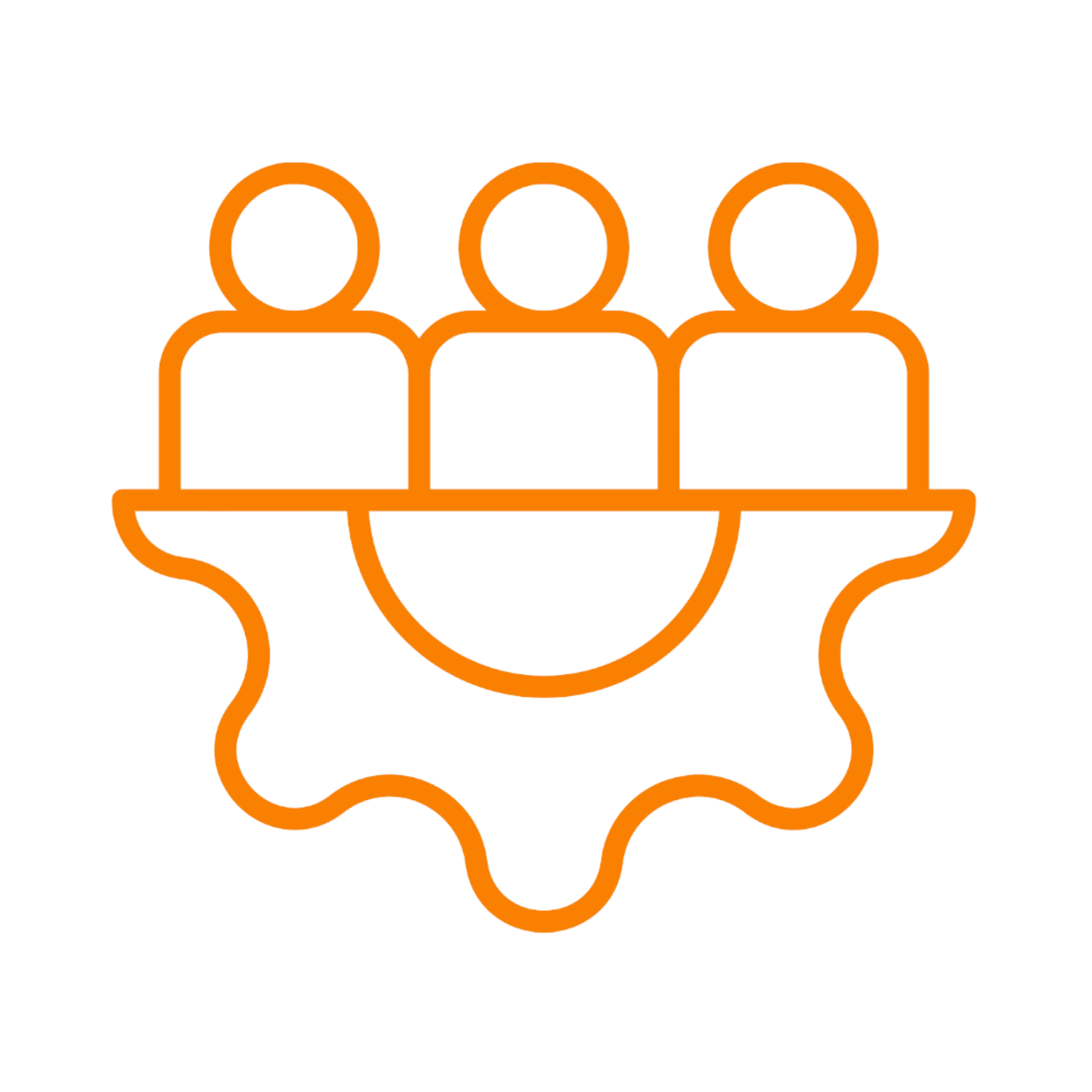 Graphic illustration of three human figures outlined in orange, with flat design style.