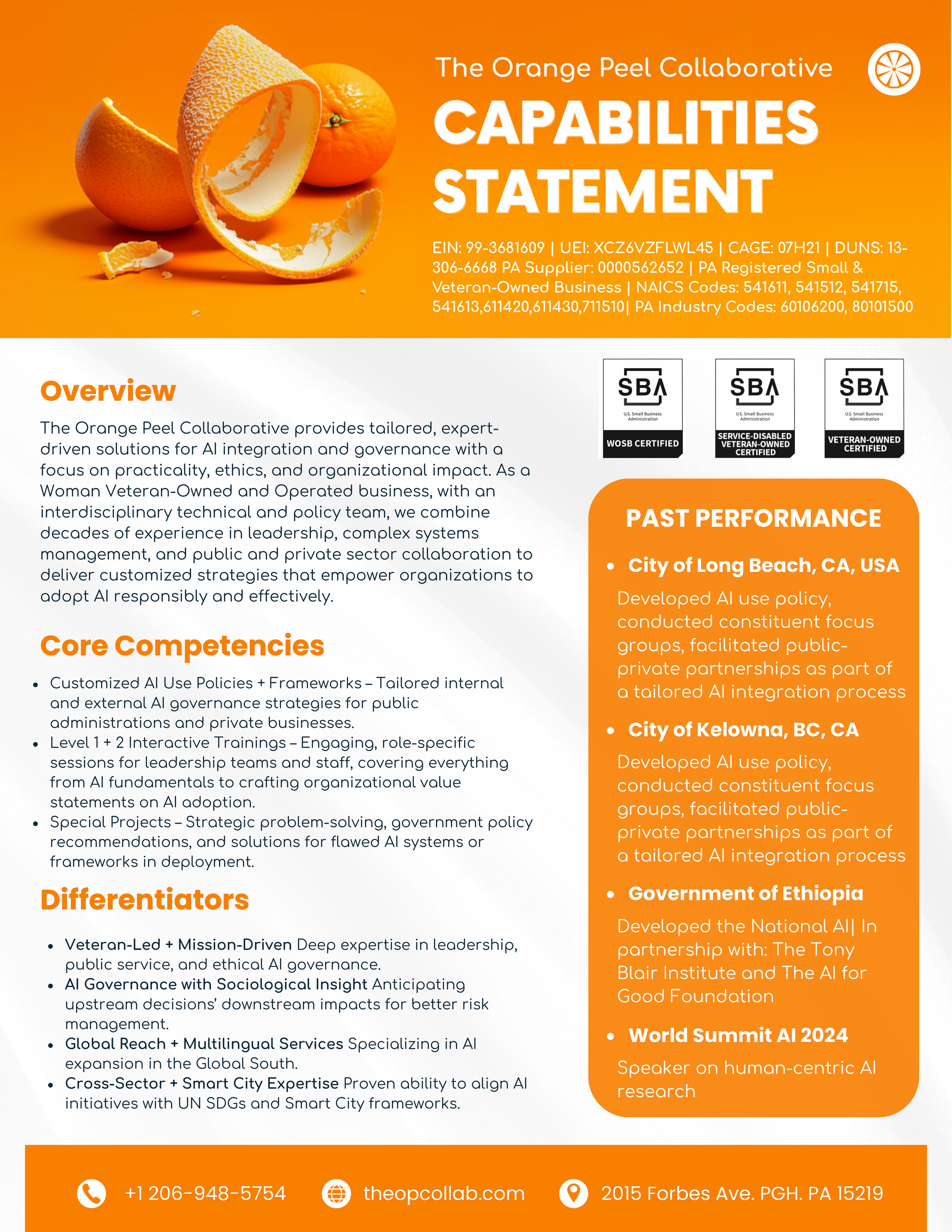 A colorful infographic about The Orange Peel Collaborative highlighting its capabilities, core competencies, differentiators, and notable projects. The top section features an orange peel and orange on an orange background, with white text detailing organizational information, certifications, and a logo of a sliced orange. The lower section contains textual information about the organization's offerings, achievements, and contact details, with headings in orange and accompanying descriptions.