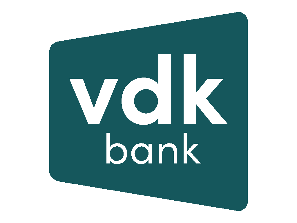 Logo van VDK Bank met een donkerblauwe tekstballon en zwarte tekst