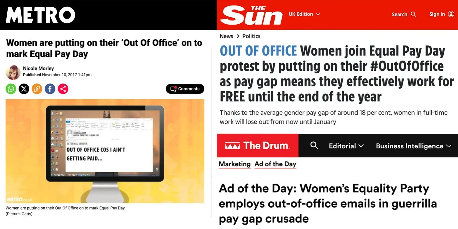 Screenshot of news articles from Metro and The Sun, discussing women protesting for equal pay by not working during the pay gap period, with a visual of a computer screen displaying a message that says 'OUT OF OFFICE COS I AIN'T GETTING PAID'.