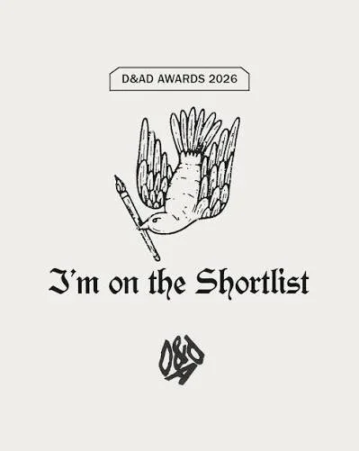 A dove holding a pen in its beak with wings spread, and the text 'I'm on the Shortlist' and 'D&D AWARDS 2026'.