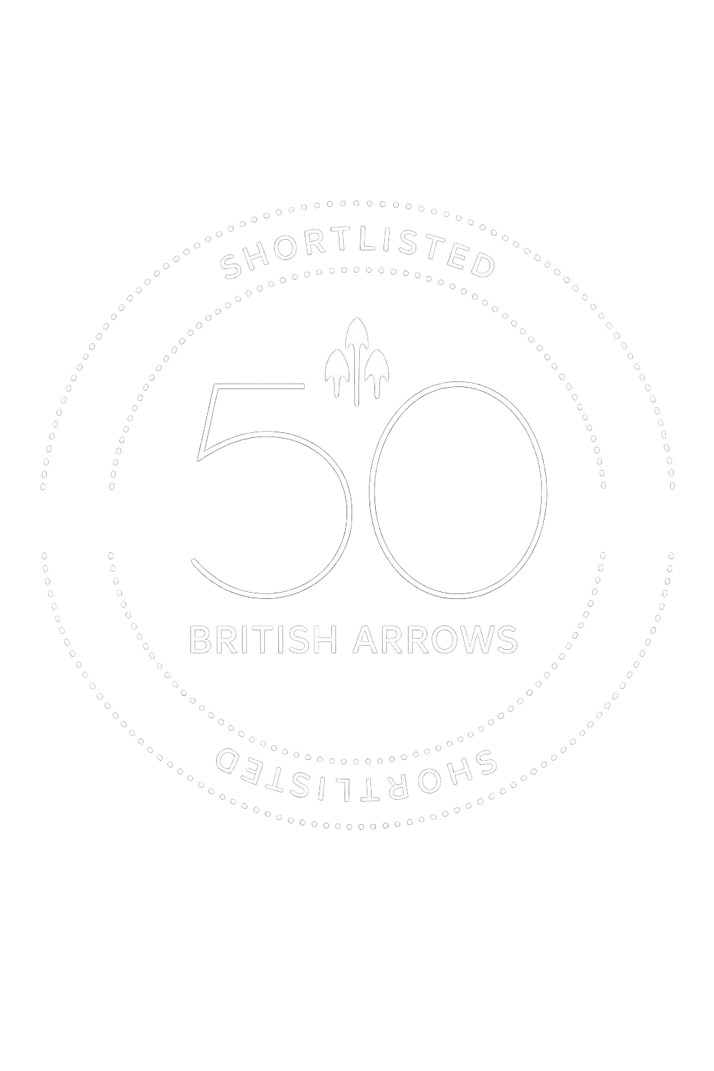 Minimalist black and white logo featuring the number 50 with three small upward arrows above it, surrounded by dotted circles. The text reads 'SHORTLISTED BRITISH ARROWS'.
