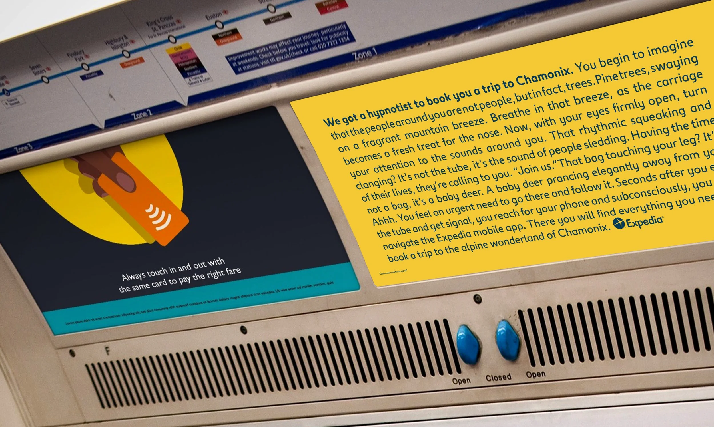 Close-up of a ticket validation machine with a blue touch button and a yellow informational sign explaining the experience of booking a trip to Chamonix, with attributes of nature and adventure. Campaign created by Katy Stanage