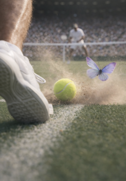 A tennis ball kicks up dust as a butterfly flies nearby on a tennis court with a person in the background. Campaign created by Katy Stanage