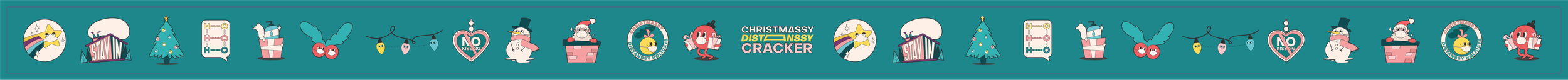 A festive holiday-themed border with Christmas icons such as Santa, snowmen, Christmas trees, reindeer, ornaments, and candles, along with the phrases 'Stay in,' 'No,' and 'Chrismassy.'