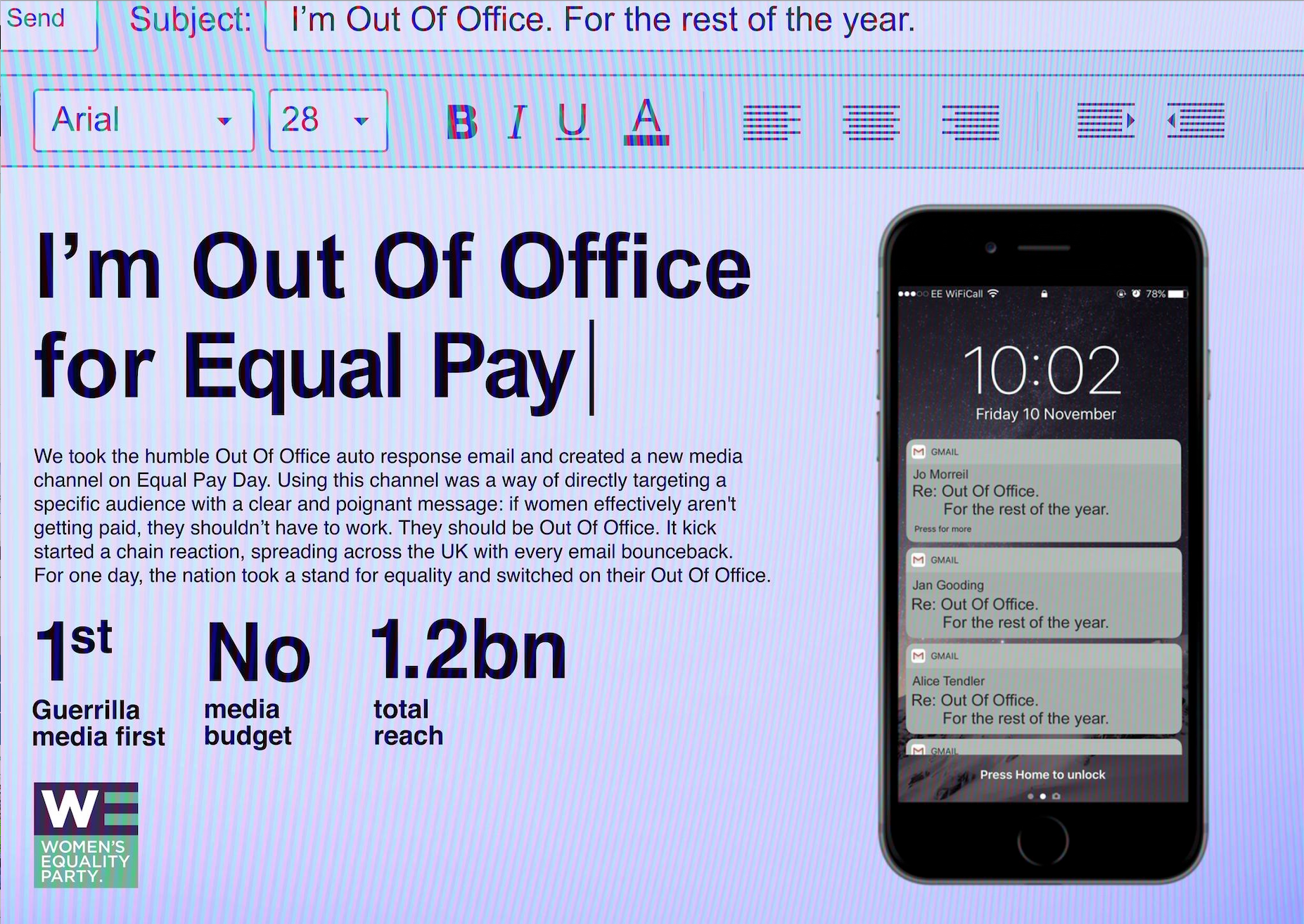 A digital screenshot of an email, with a headline indicating someone is out of the office for Equal Pay Day, supporting women's equality. The email contains a story about the campaign, statistics about media reach, and features a smartphone displaying notifications of emails from different people re: the same topic.