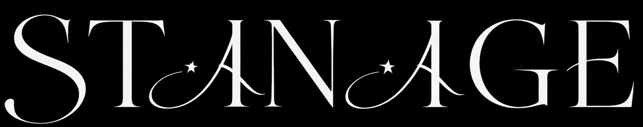 Stylized white text spelling 'STANAGE' on a black background with small star accents.