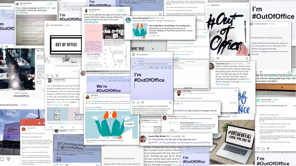 A collage of various social media posts and messages supporting the 'Out of Office' campaign, highlighting the gender pay gap and advocating for equal pay.