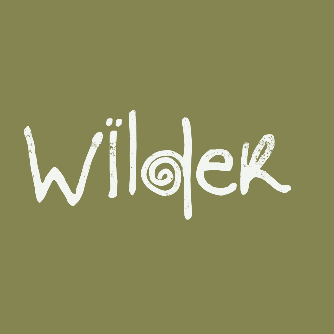 Green background with the word 'wilder' written in white, playful, and artistic font, with the letter 'd' featuring a spiral design.