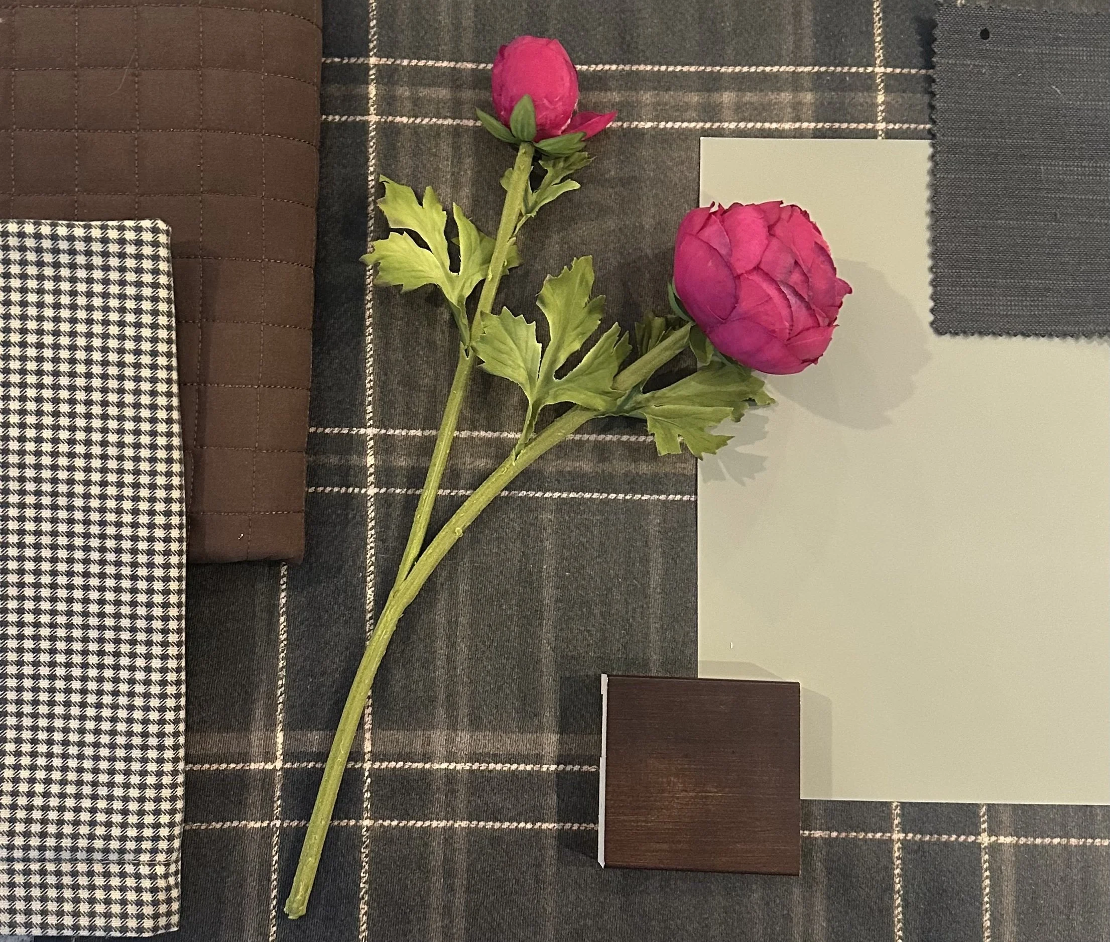 Mood board for sage bedroom with plaid wallpaper and brown bedding.